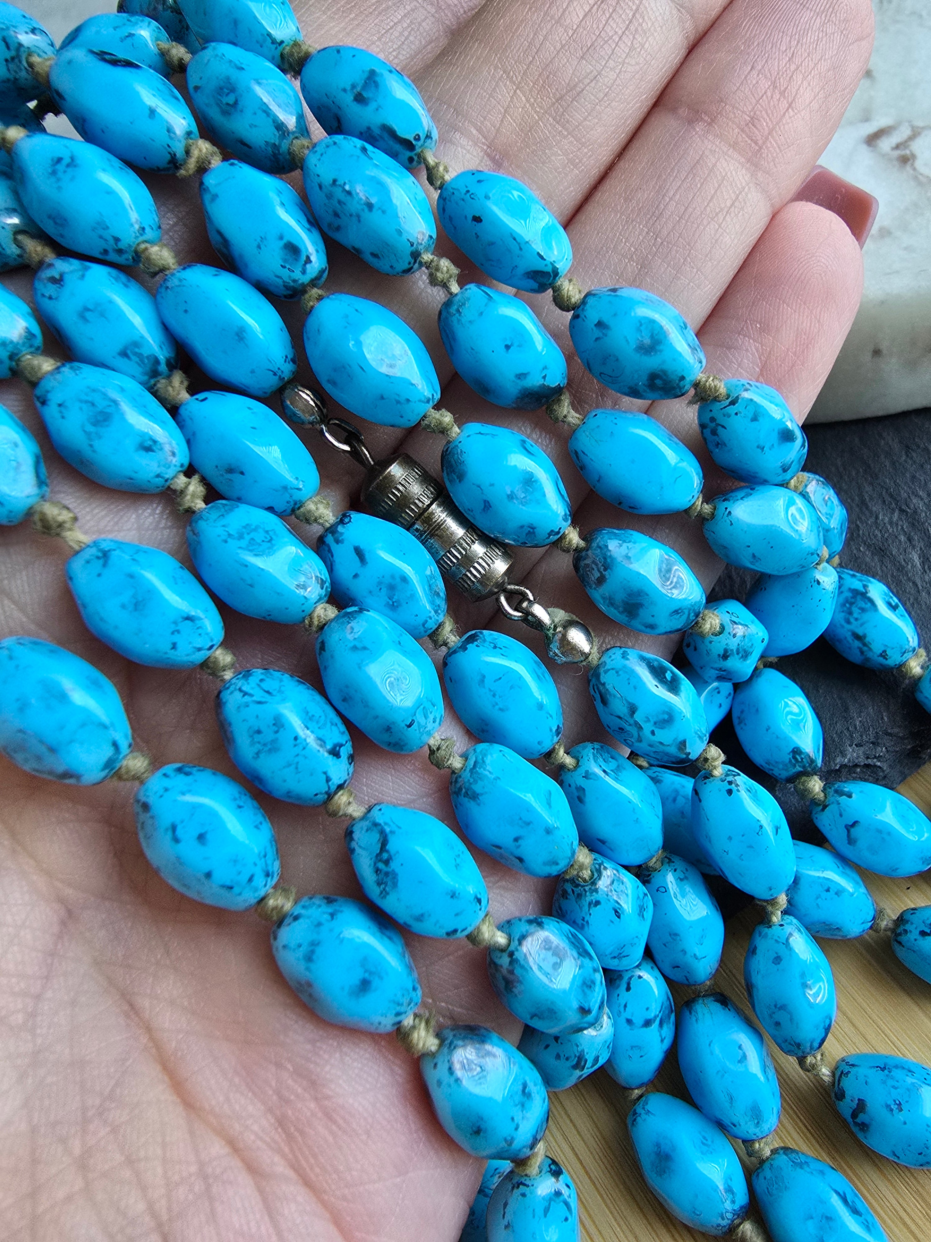 Antique Art Deco Long Speckled Black & Blue Knotted Glass Bead Necklace