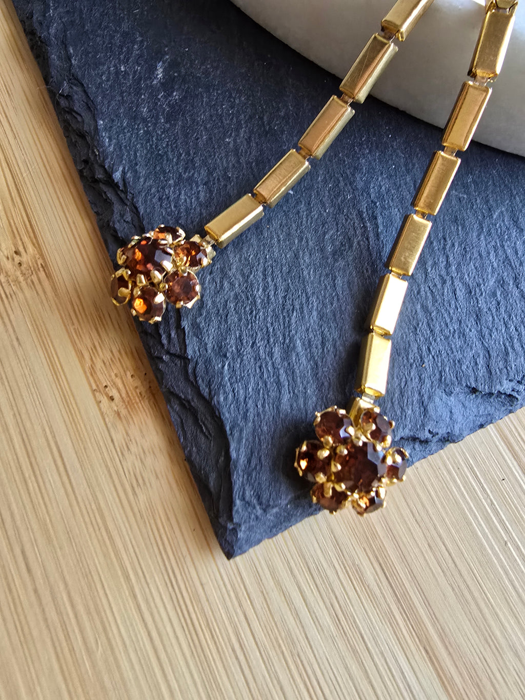 Vintage Pennino Style Floral Brown Rhinestone Gold Tone 1940s Statement Necklace