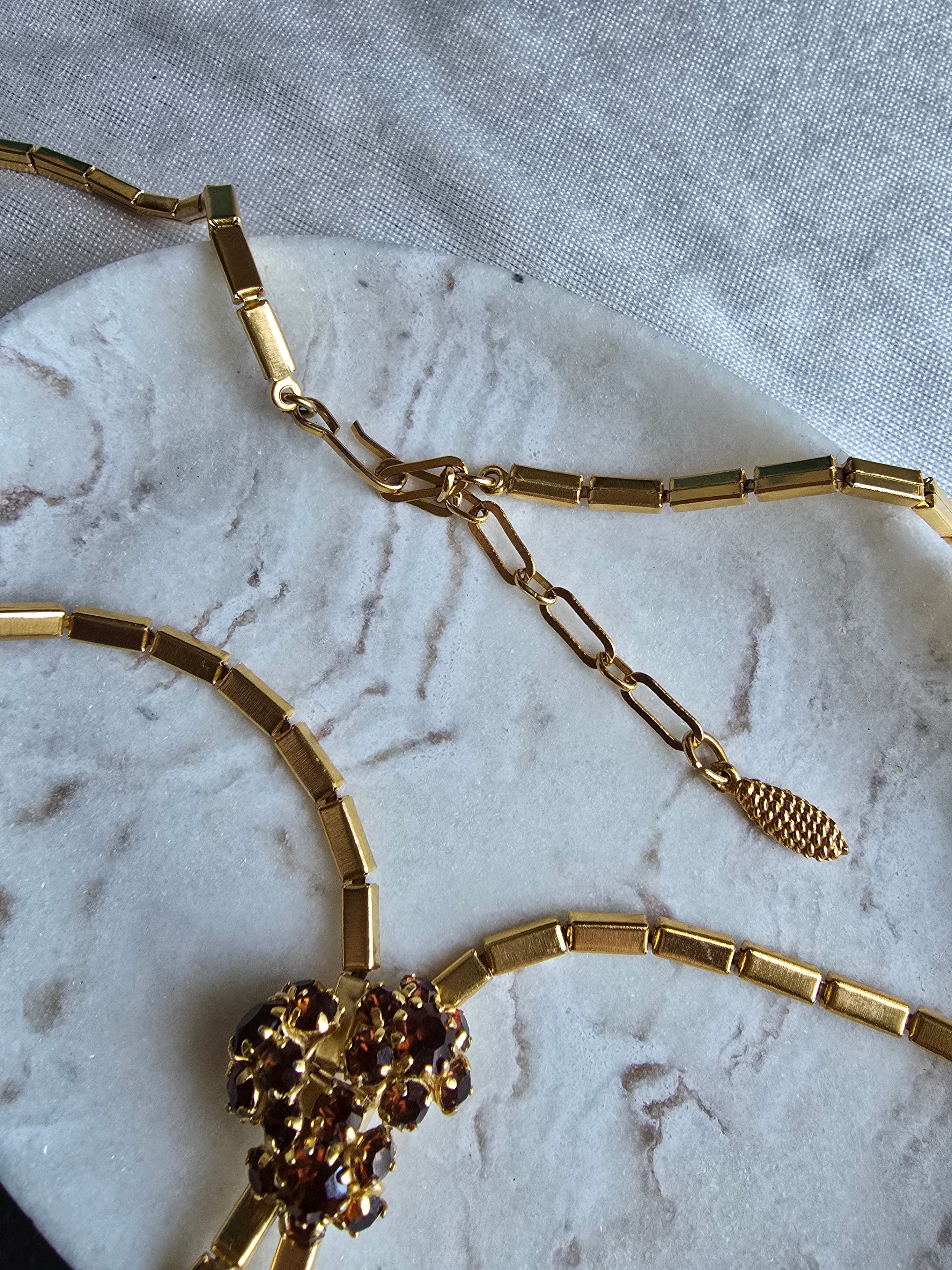 Vintage Pennino Style Floral Brown Rhinestone Gold Tone 1940s Statement Necklace