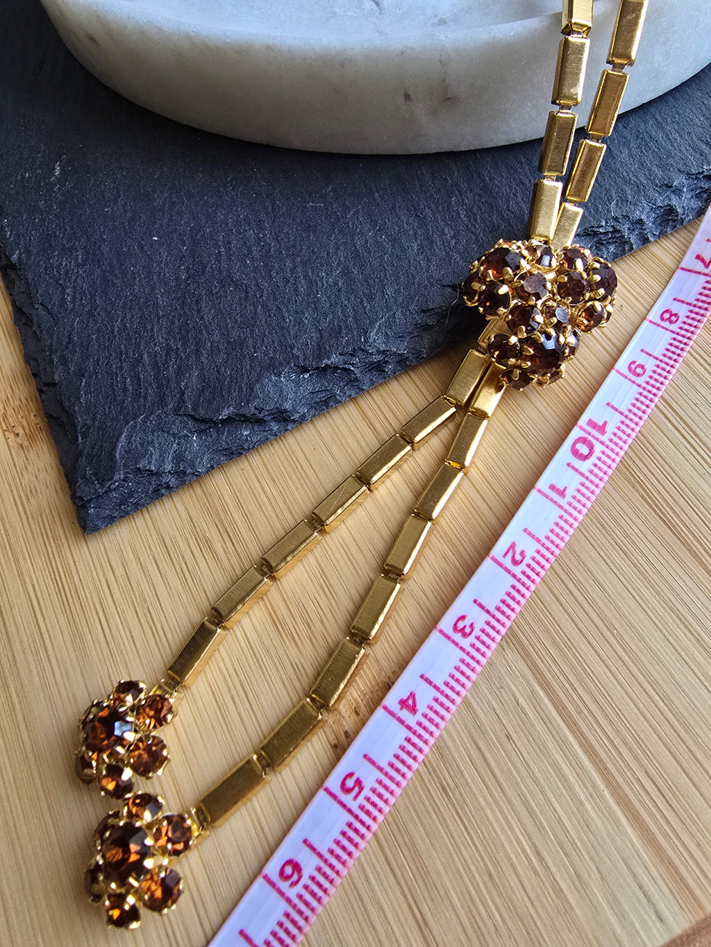Vintage Pennino Style Floral Brown Rhinestone Gold Tone 1940s Statement Necklace