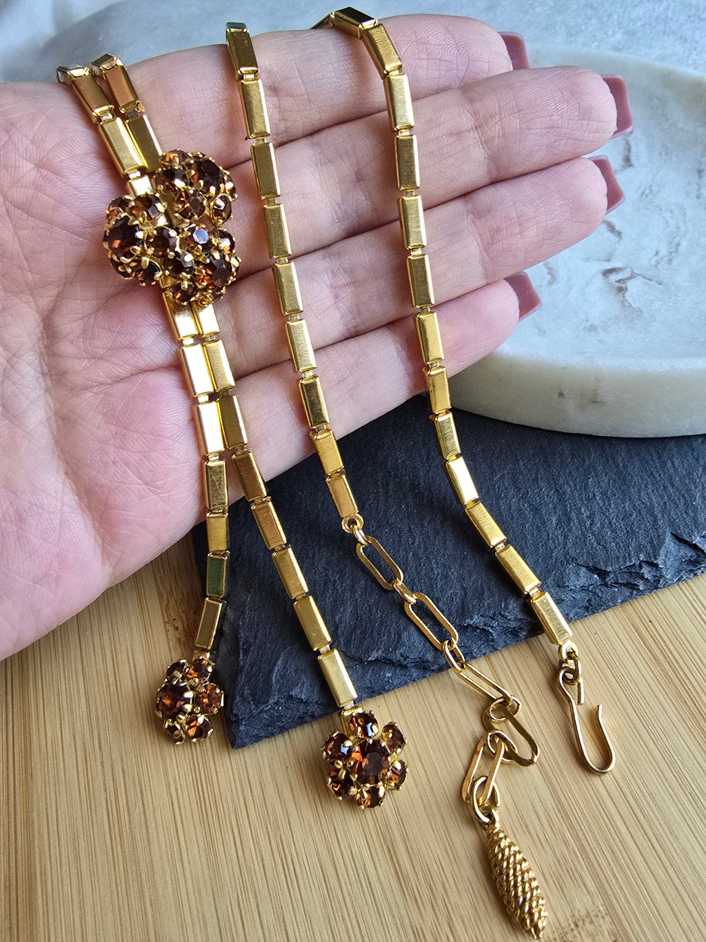 Vintage Pennino Style Floral Brown Rhinestone Gold Tone 1940s Statement Necklace