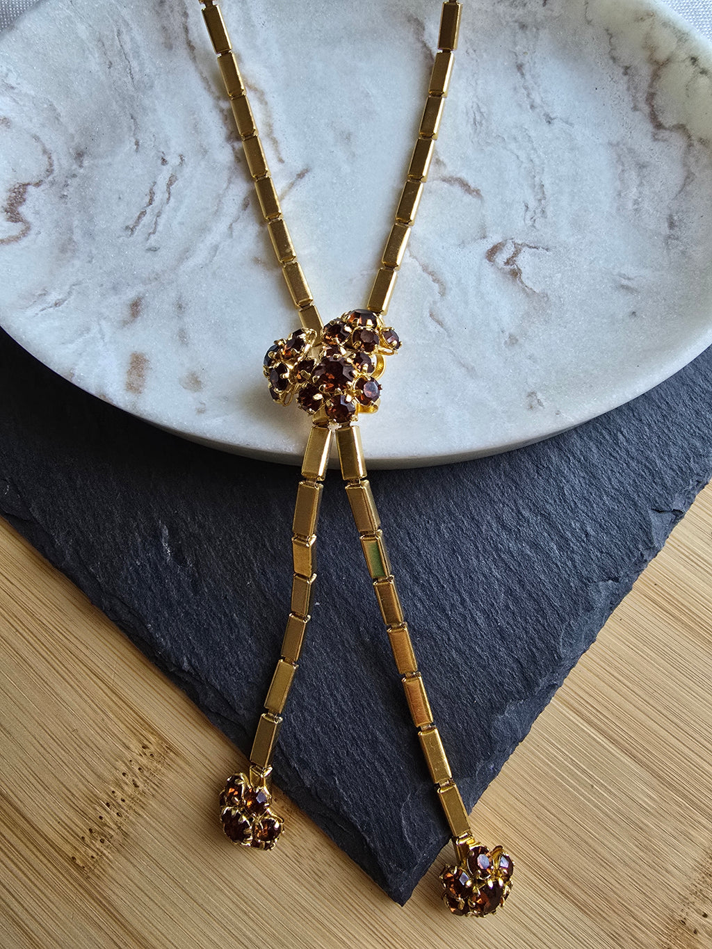 Vintage Pennino Style Floral Brown Rhinestone Gold Tone 1940s Statement Necklace