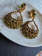 Vintage Green Rhinestone Glass Gold Plated Clip On Dangle Statement Earrings 60s