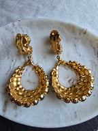 Vintage Green Rhinestone Glass Gold Plated Clip On Dangle Statement Earrings 60s