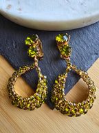 Vintage Green Rhinestone Glass Gold Plated Clip On Dangle Statement Earrings 60s