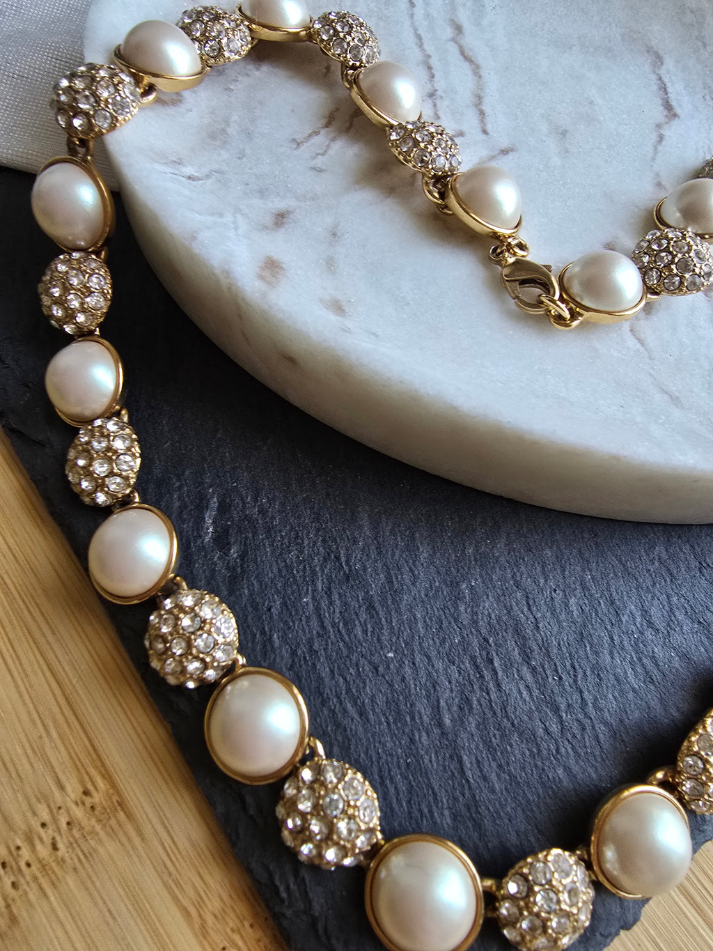 Vintage Faux Pearl & Crystal Glass Circle Statement Gold Tone Necklace