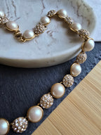 Vintage Faux Pearl & Crystal Glass Circle Statement Gold Tone Necklace