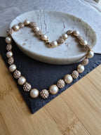 Vintage Faux Pearl & Crystal Glass Circle Statement Gold Tone Necklace