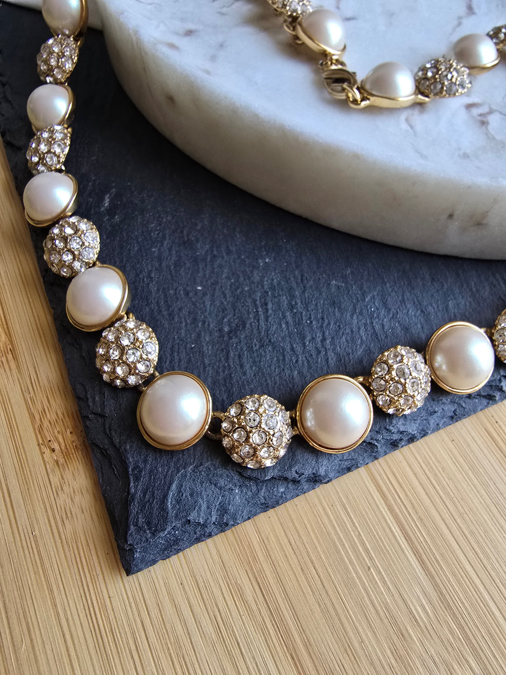 Vintage Faux Pearl & Crystal Glass Circle Statement Gold Tone Necklace