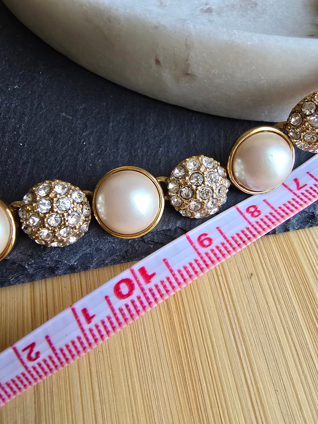 Vintage Faux Pearl & Crystal Glass Circle Statement Gold Tone Necklace