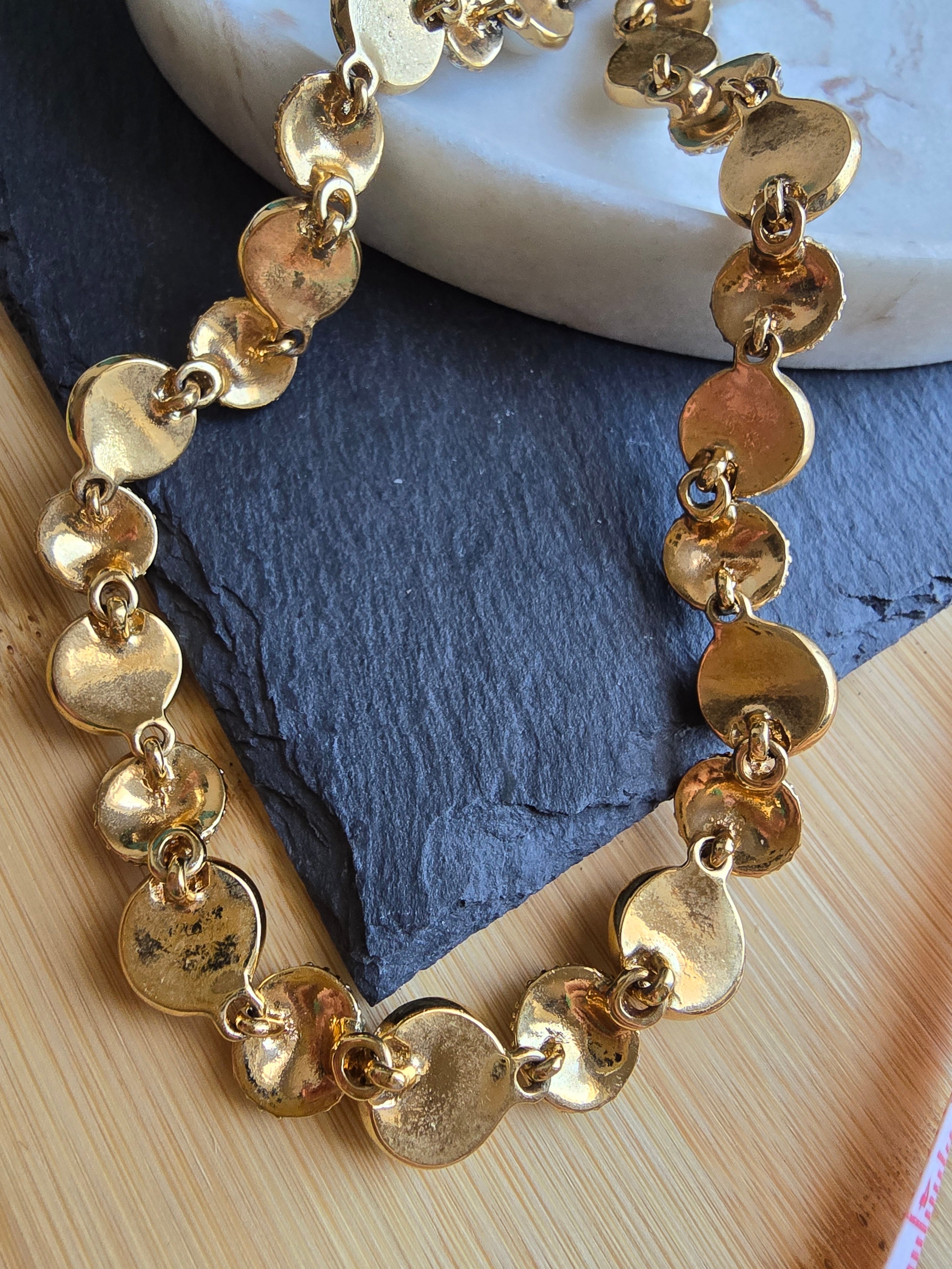 Vintage Faux Pearl & Crystal Glass Circle Statement Gold Tone Necklace