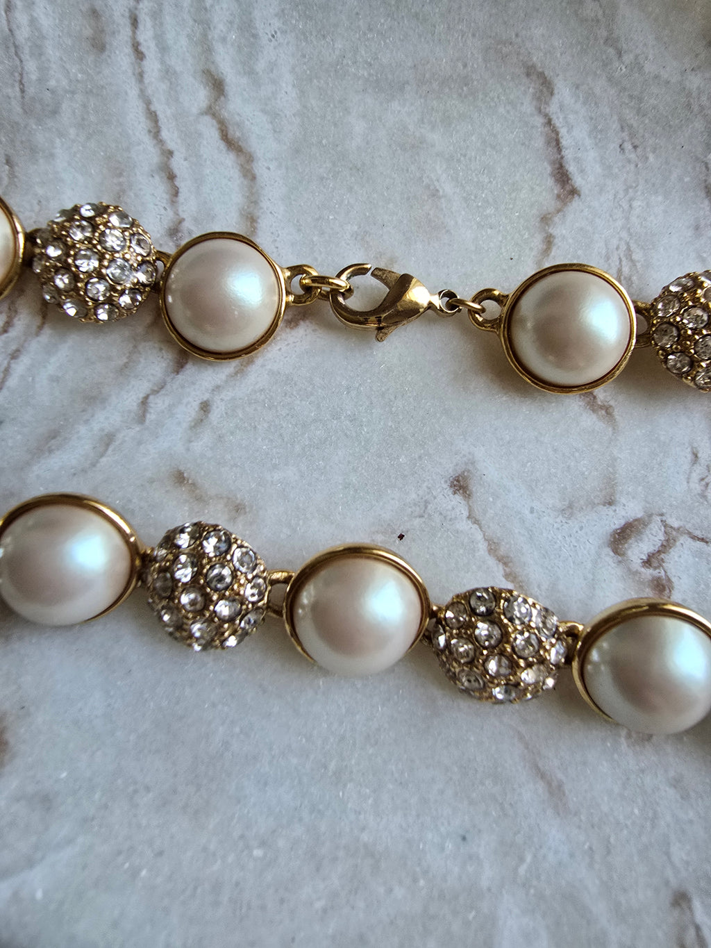 Vintage Faux Pearl & Crystal Glass Circle Statement Gold Tone Necklace