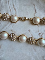 Vintage Faux Pearl & Crystal Glass Circle Statement Gold Tone Necklace