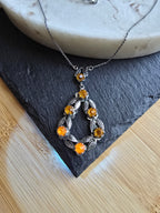 Vintage Orange Rhinestone & Leaf Design Silver Tone UV Reactive cadmium? Necklace