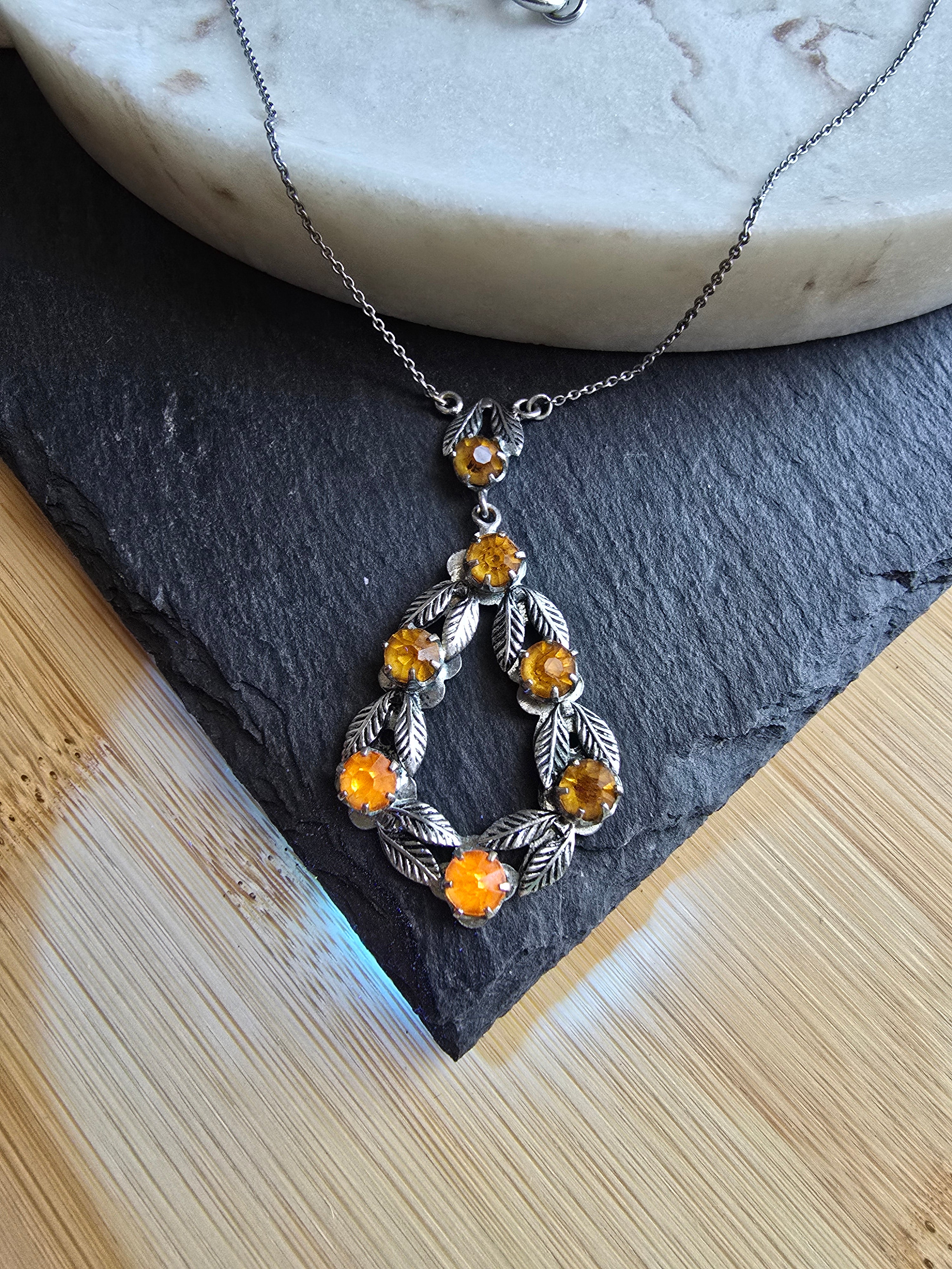 Vintage Orange Rhinestone & Leaf Design Silver Tone UV Reactive cadmium? Necklace