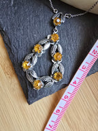 Vintage Orange Rhinestone & Leaf Design Silver Tone UV Reactive cadmium? Necklace