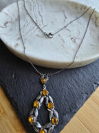 Vintage Orange Rhinestone & Leaf Design Silver Tone UV Reactive cadmium? Necklace