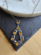 Vintage Orange Rhinestone & Leaf Design Silver Tone UV Reactive cadmium? Necklace