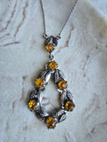 Vintage Orange Rhinestone & Leaf Design Silver Tone UV Reactive cadmium? Necklace