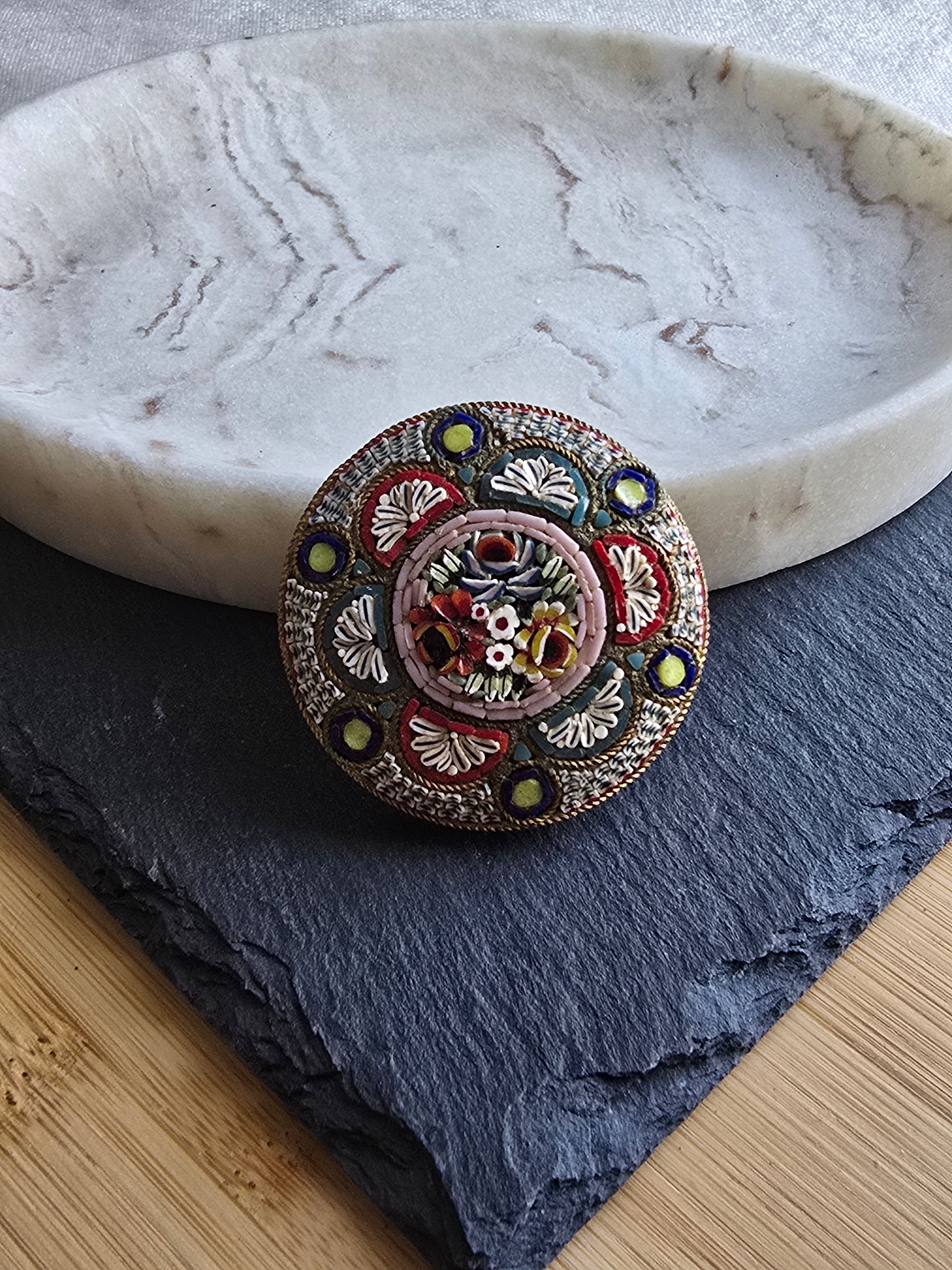 Antique Floral Boutique Micro Mosaic Brooch Stamped Italy, Gold Tone, Italian Grand Tour