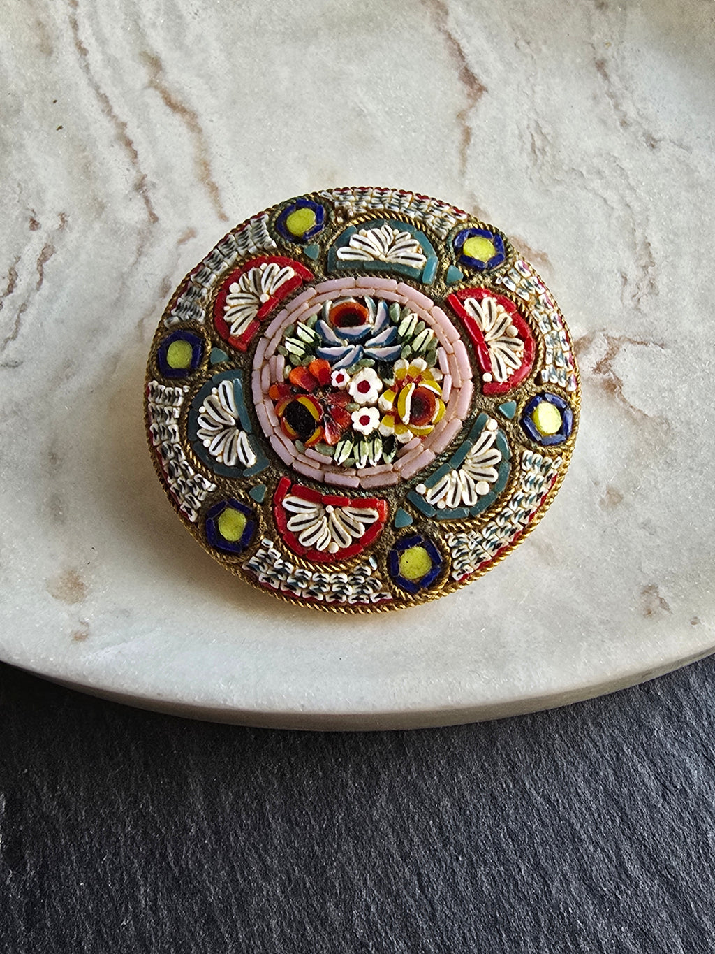 Antique Floral Boutique Micro Mosaic Brooch Stamped Italy, Gold Tone, Italian Grand Tour