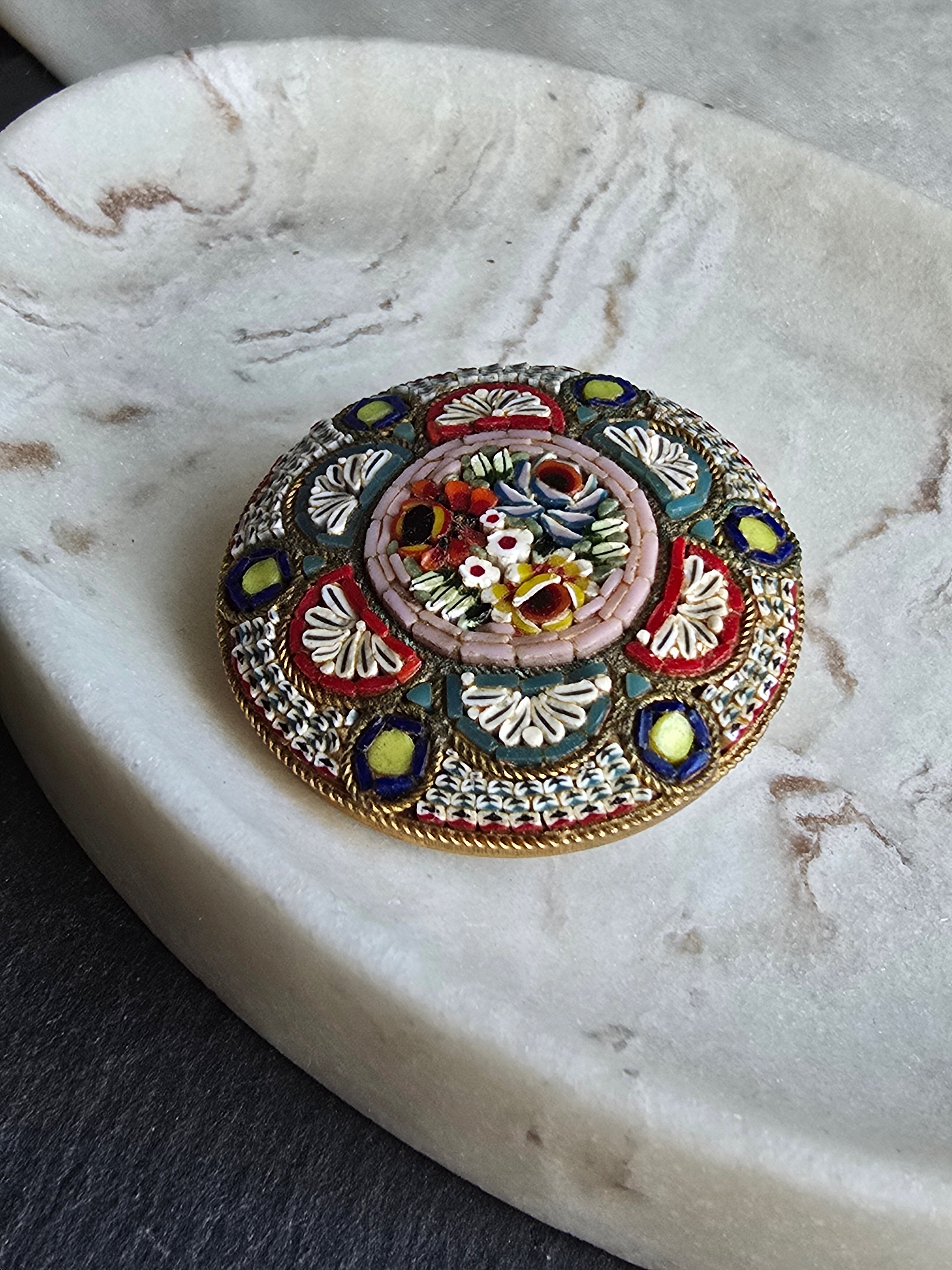 Antique Floral Boutique Micro Mosaic Brooch Stamped Italy, Gold Tone, Italian Grand Tour