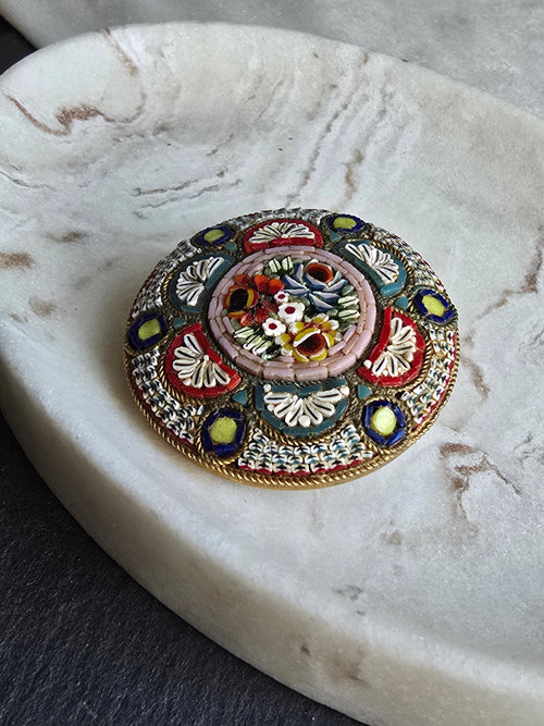 Antique Floral Boutique Micro Mosaic Brooch Stamped Italy, Gold Tone, Italian Grand Tour