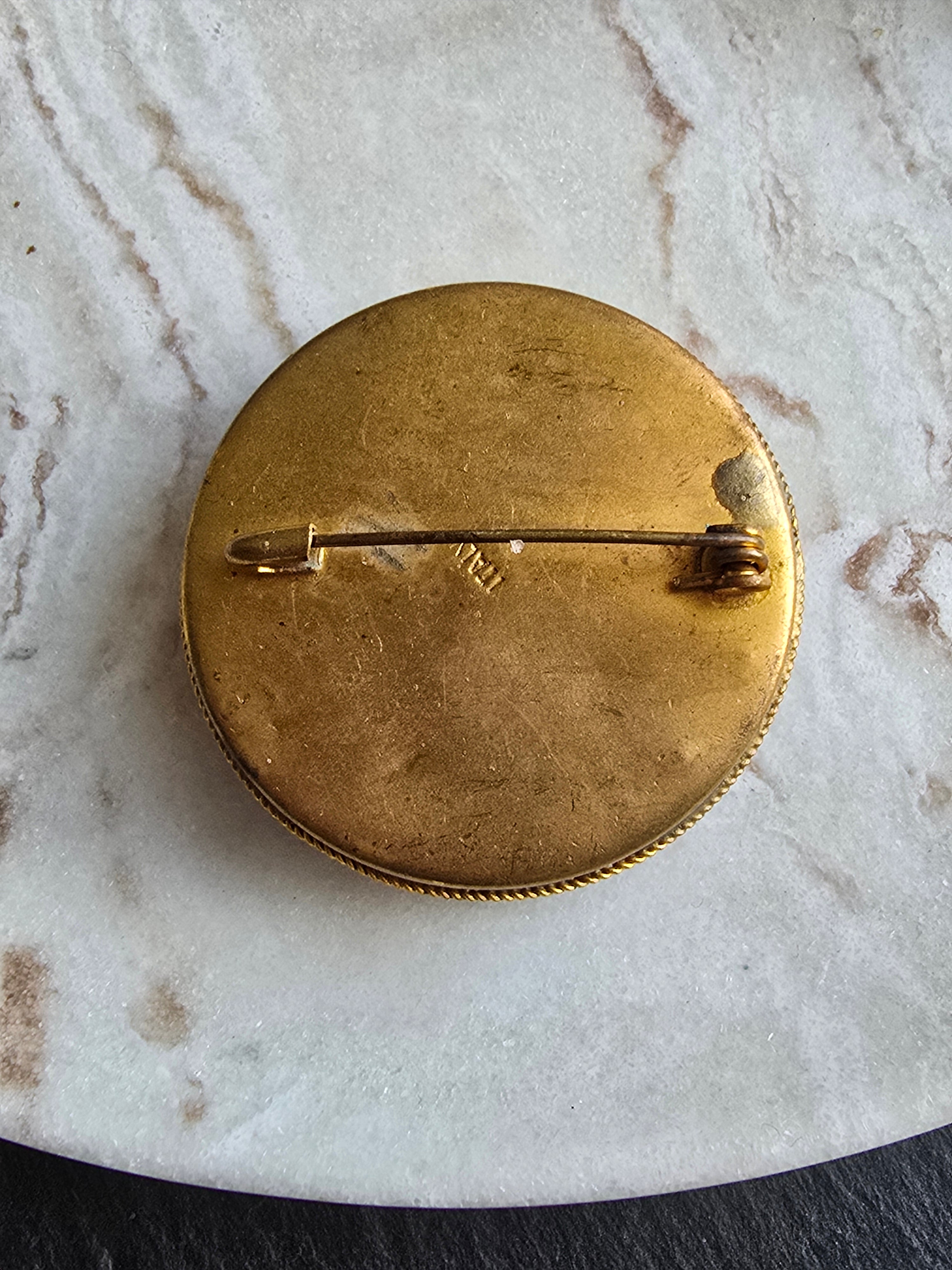 Antique Floral Boutique Micro Mosaic Brooch Stamped Italy, Gold Tone, Italian Grand Tour