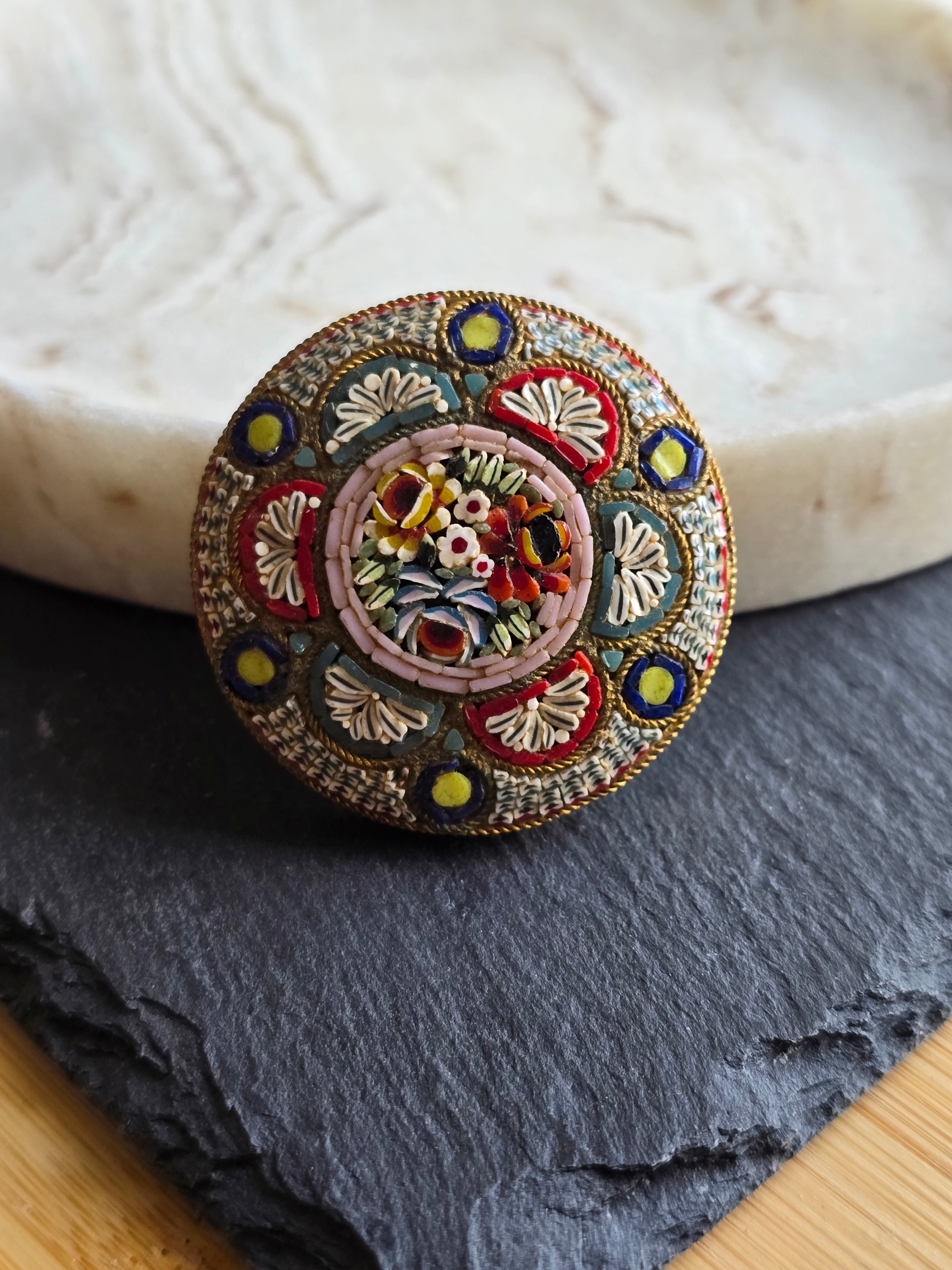 Antique Floral Boutique Micro Mosaic Brooch Stamped Italy, Gold Tone, Italian Grand Tour
