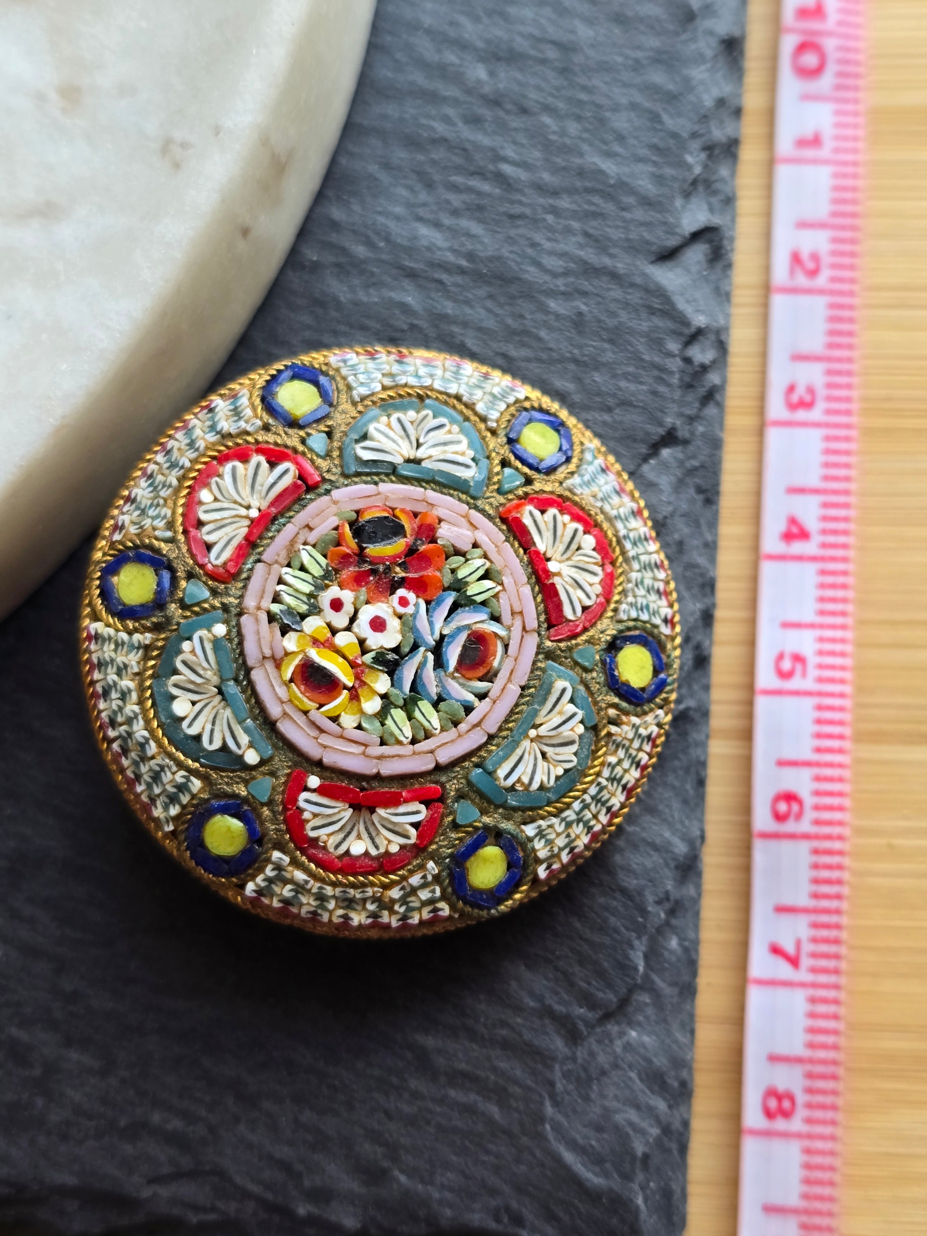 Antique Floral Boutique Micro Mosaic Brooch Stamped Italy, Gold Tone, Italian Grand Tour