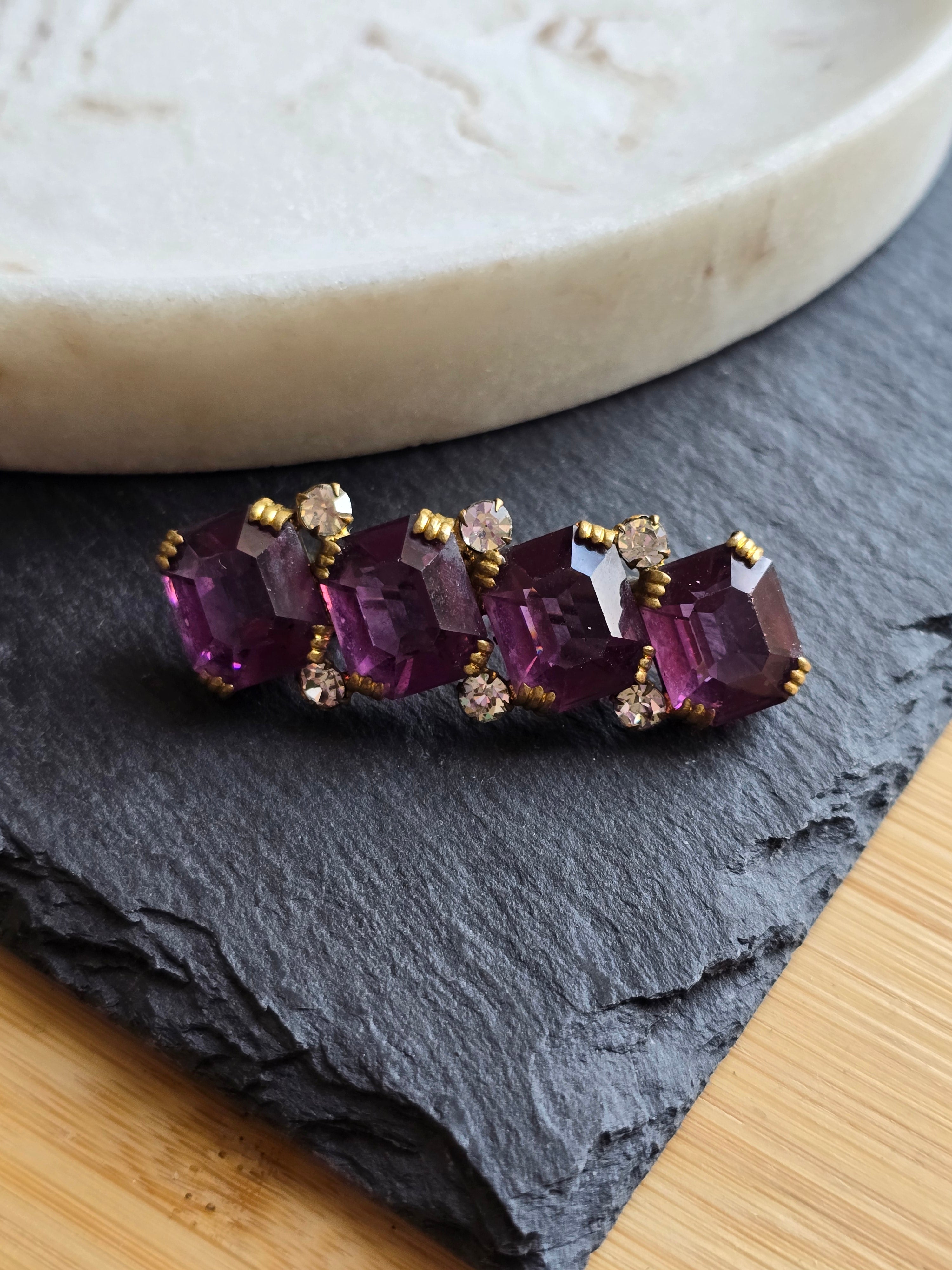 Antique Emerald Cut Purple & Crystal Glass Rhinestone Open Back Brooch, Czech Jewellery