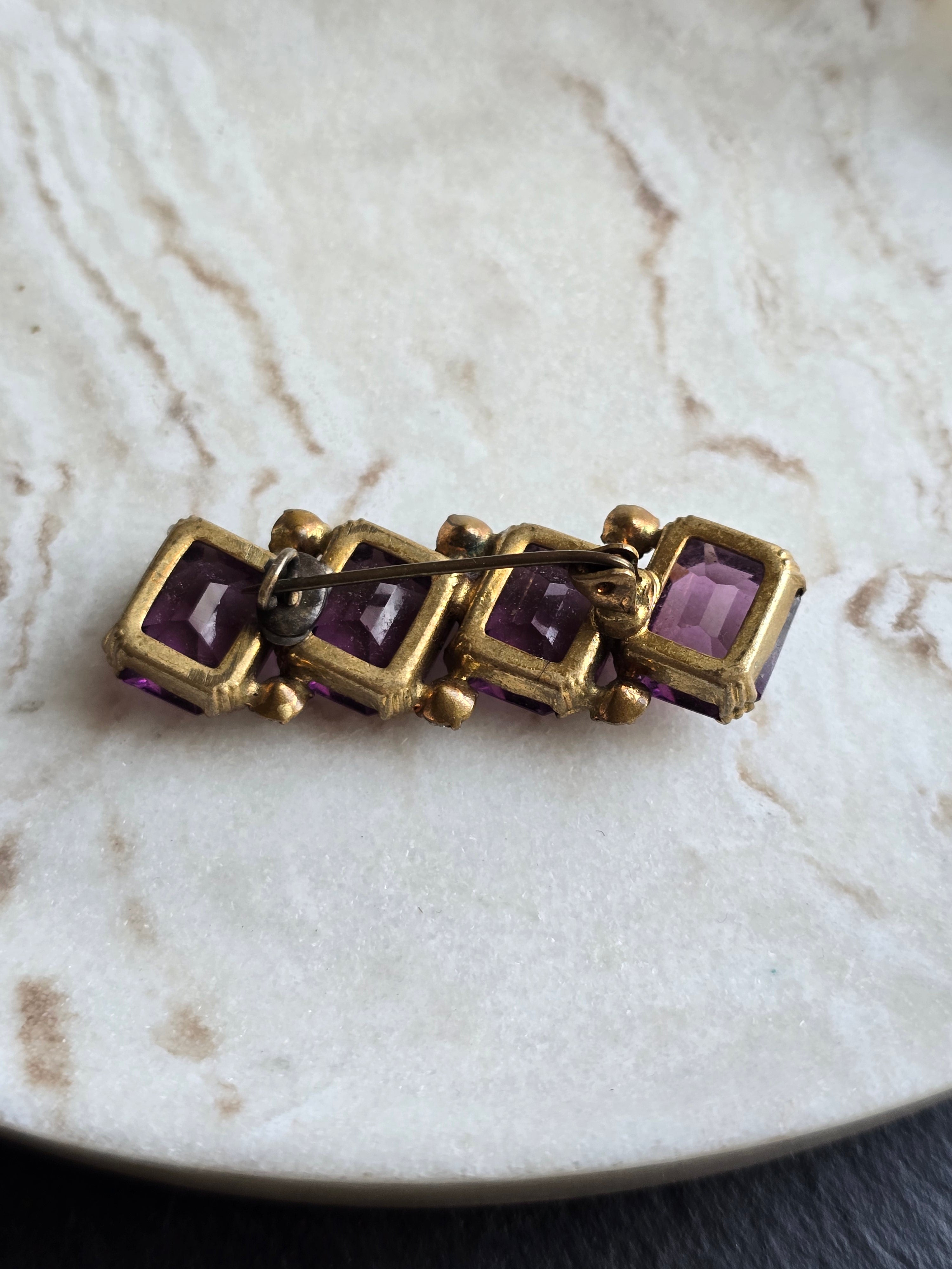 Antique Emerald Cut Purple & Crystal Glass Rhinestone Open Back Brooch, Czech Jewellery