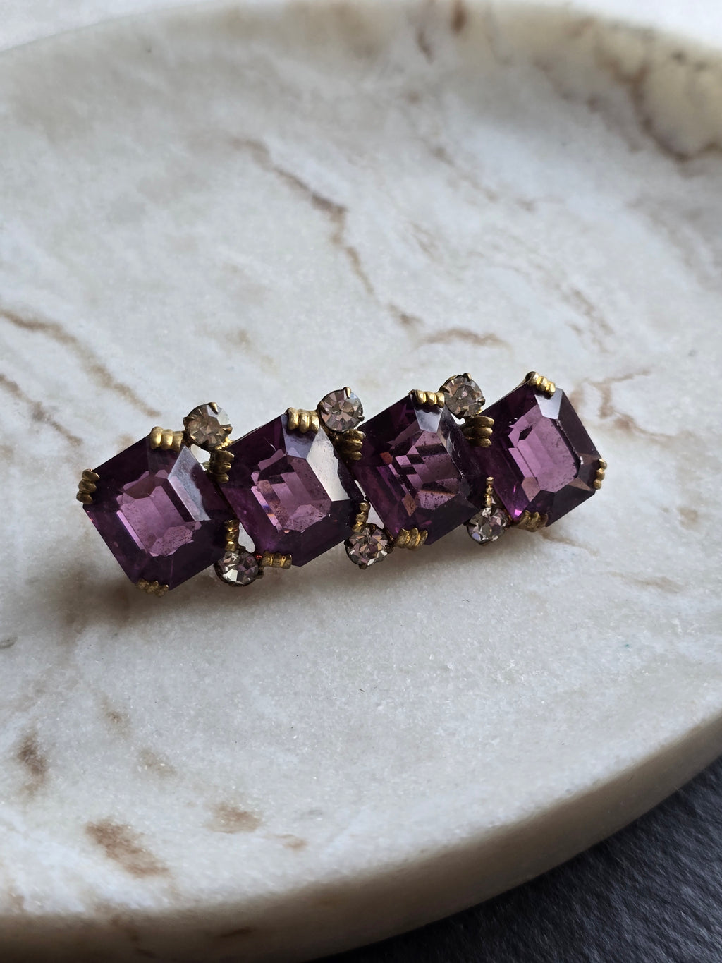 Antique Emerald Cut Purple & Crystal Glass Rhinestone Open Back Brooch, Czech Jewellery