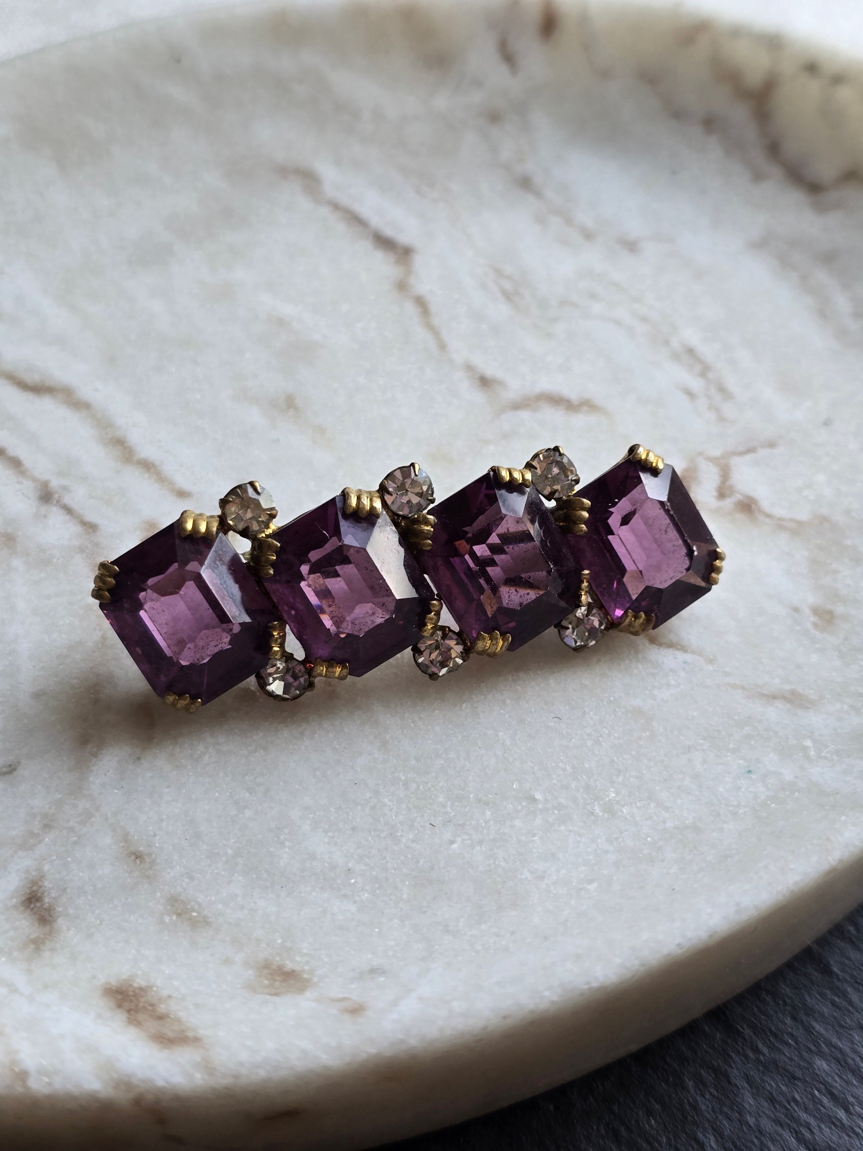 Antique Emerald Cut Purple & Crystal Glass Rhinestone Open Back Brooch, Czech Jewellery
