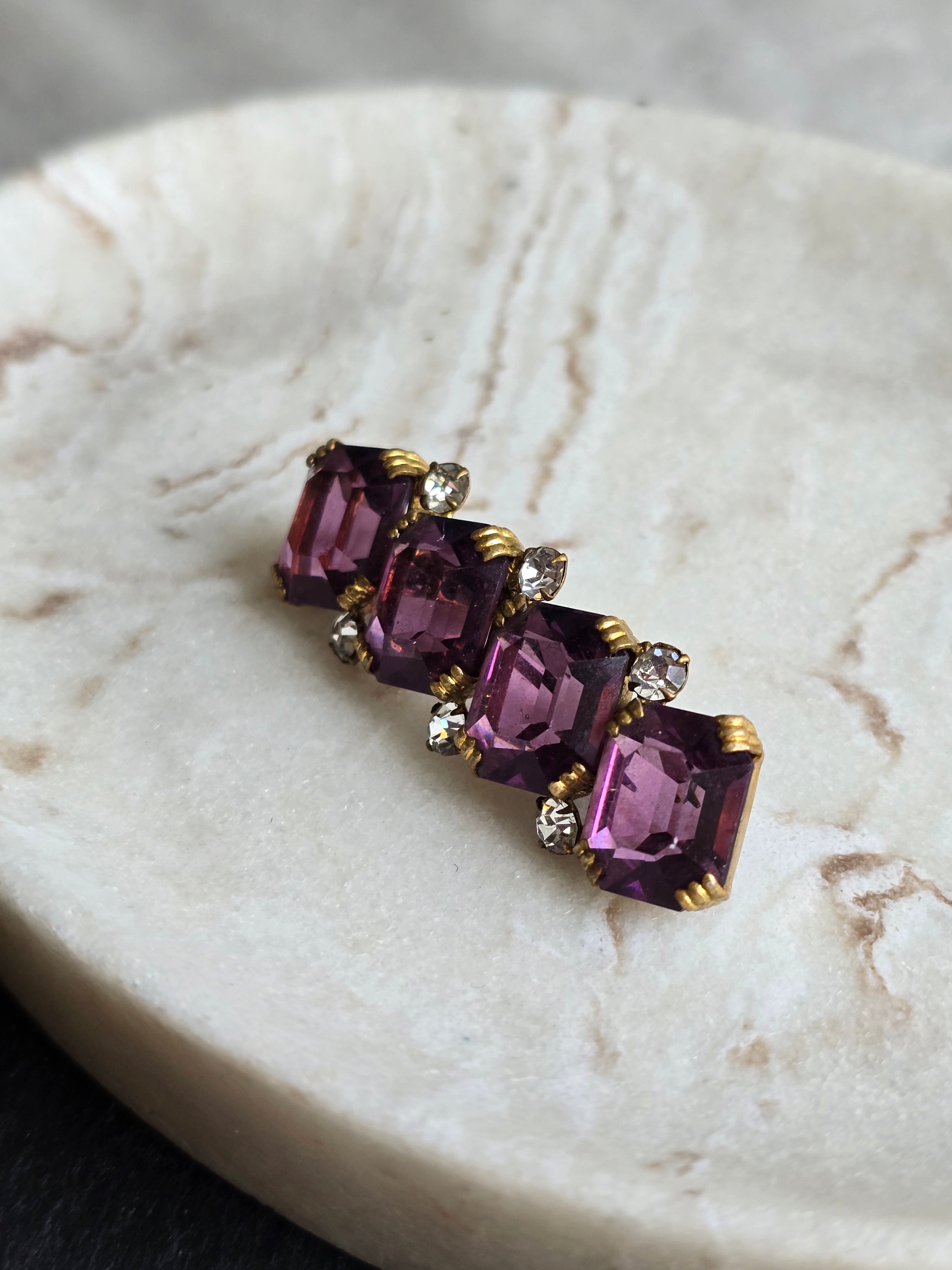 Antique Emerald Cut Purple & Crystal Glass Rhinestone Open Back Brooch, Czech Jewellery