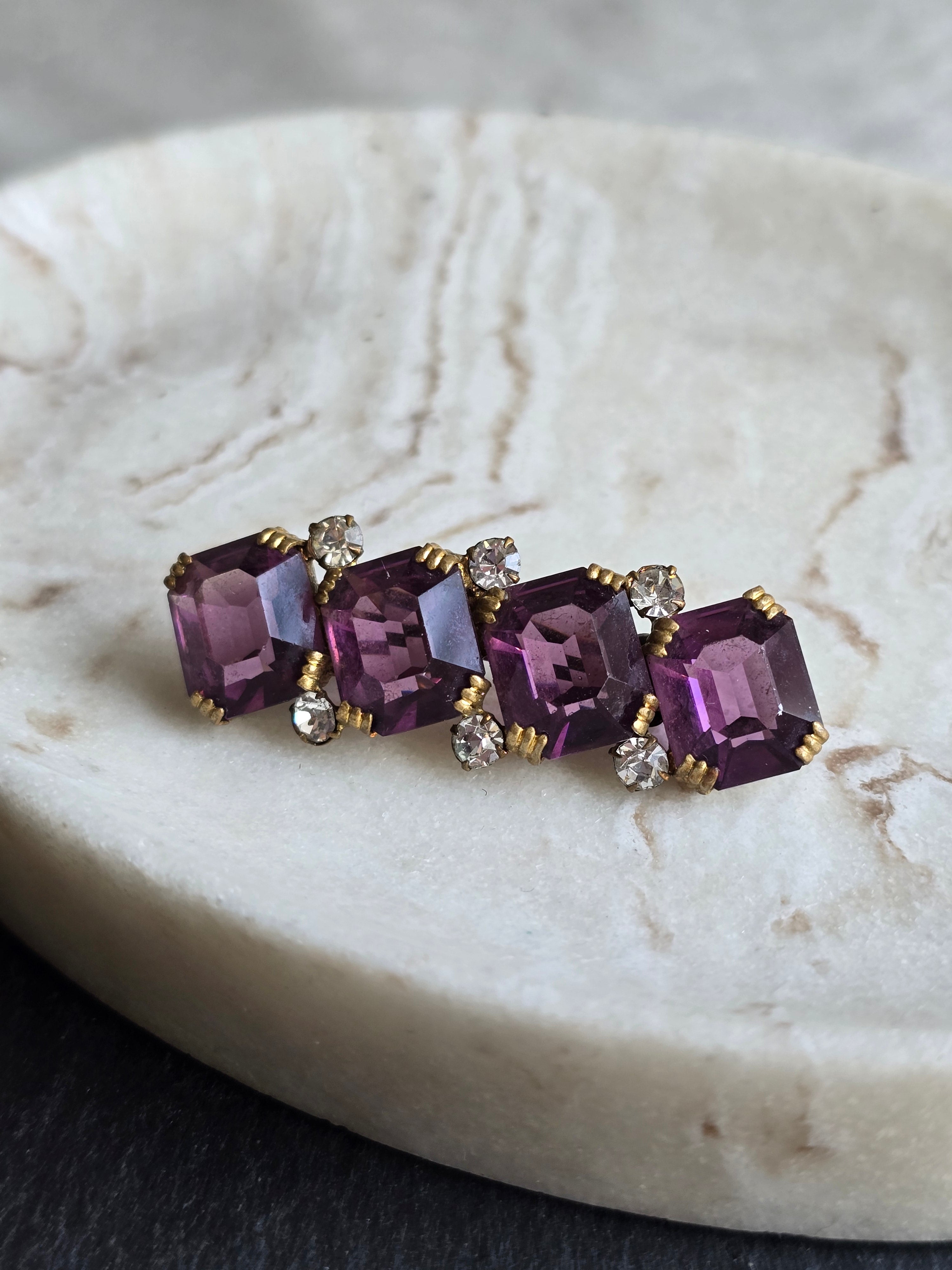 Antique Emerald Cut Purple & Crystal Glass Rhinestone Open Back Brooch, Czech Jewellery