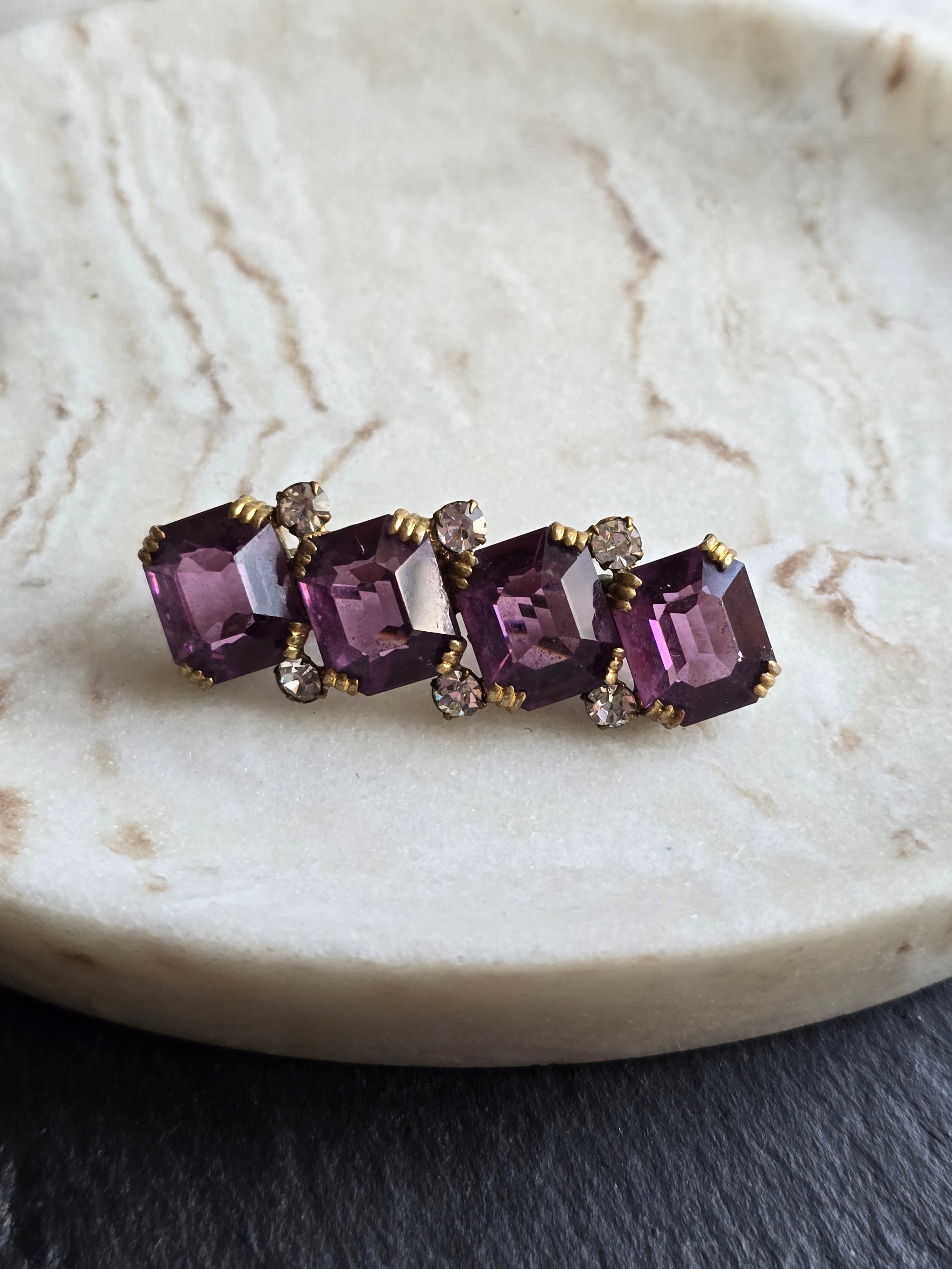Antique Emerald Cut Purple & Crystal Glass Rhinestone Open Back Brooch, Czech Jewellery