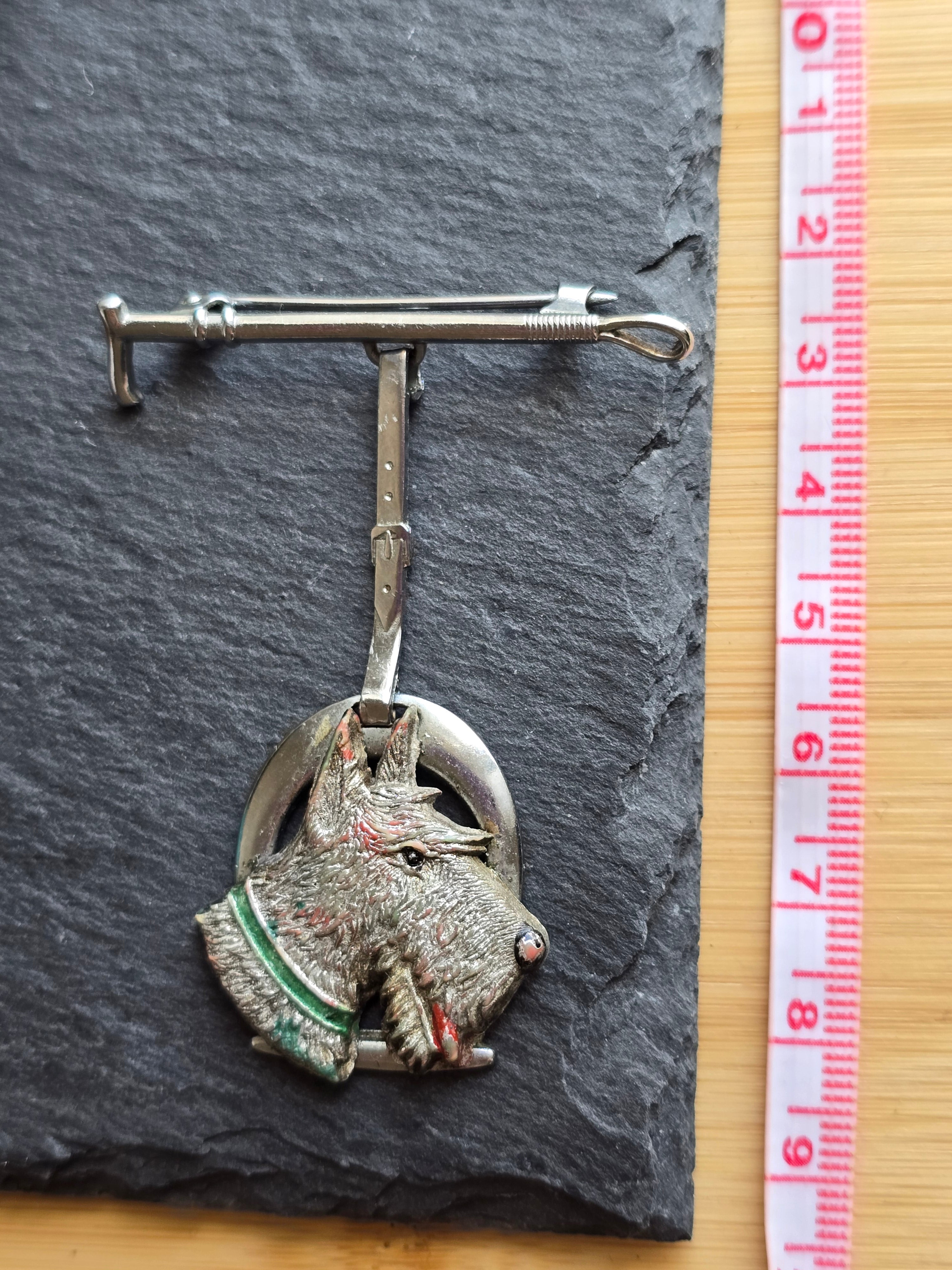 Art Deco Vintage Leash & Hanging Scotty Dog Brooch, Silver Tone, Unsigned Costume Jewellery