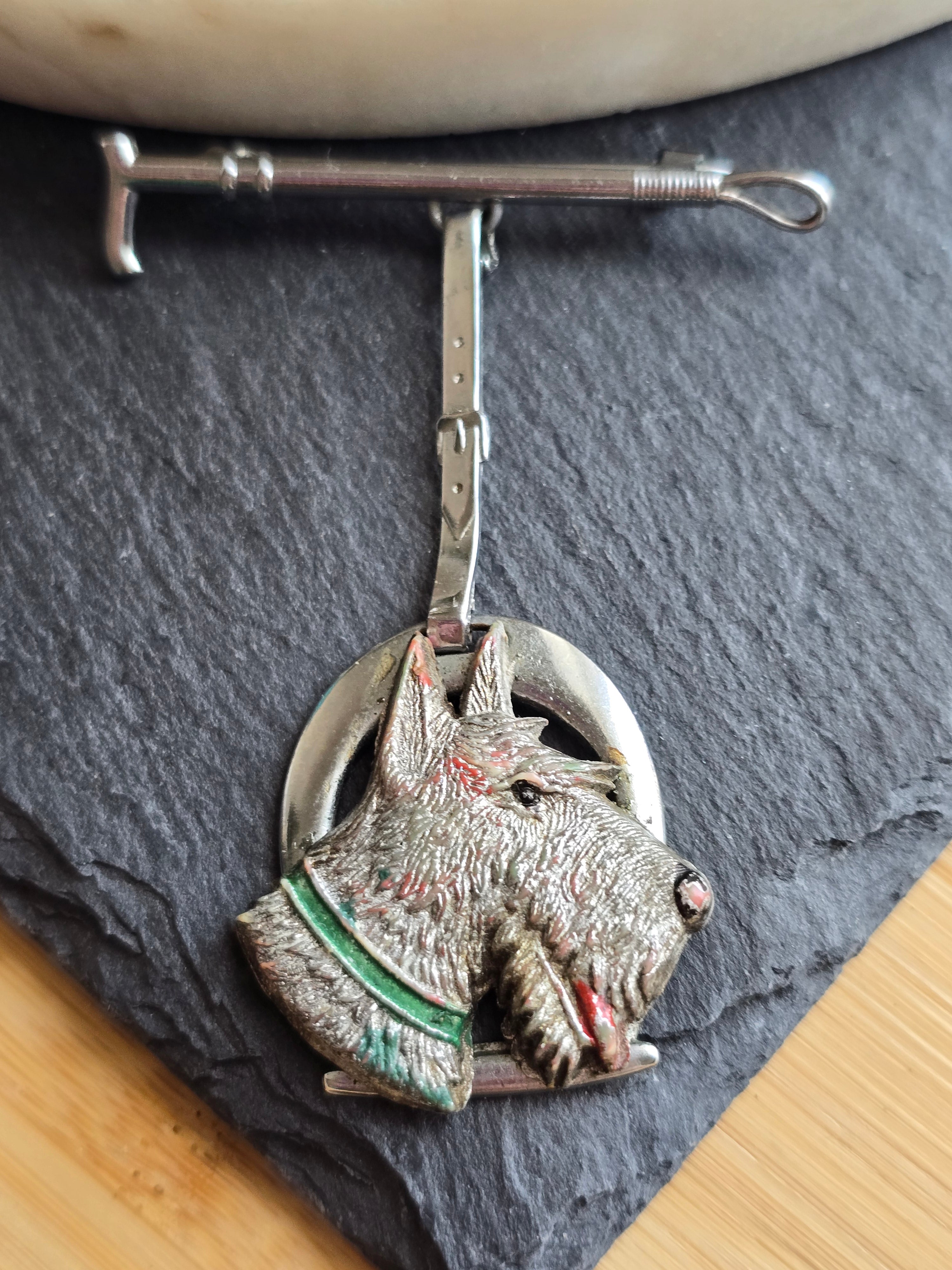 Art Deco Vintage Leash & Hanging Scotty Dog Brooch, Silver Tone, Unsigned Costume Jewellery