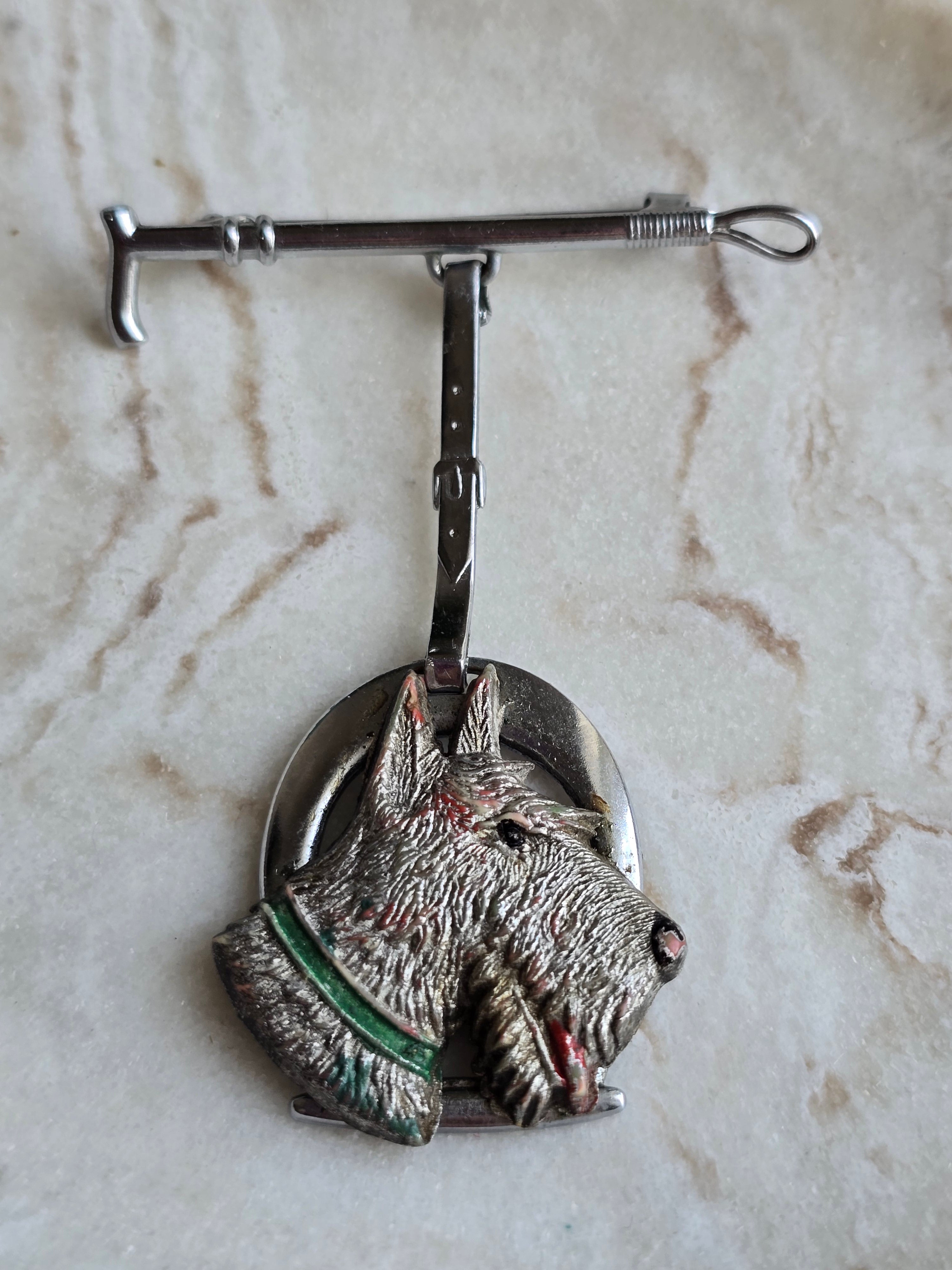 Art Deco Vintage Leash & Hanging Scotty Dog Brooch, Silver Tone, Unsigned Costume Jewellery