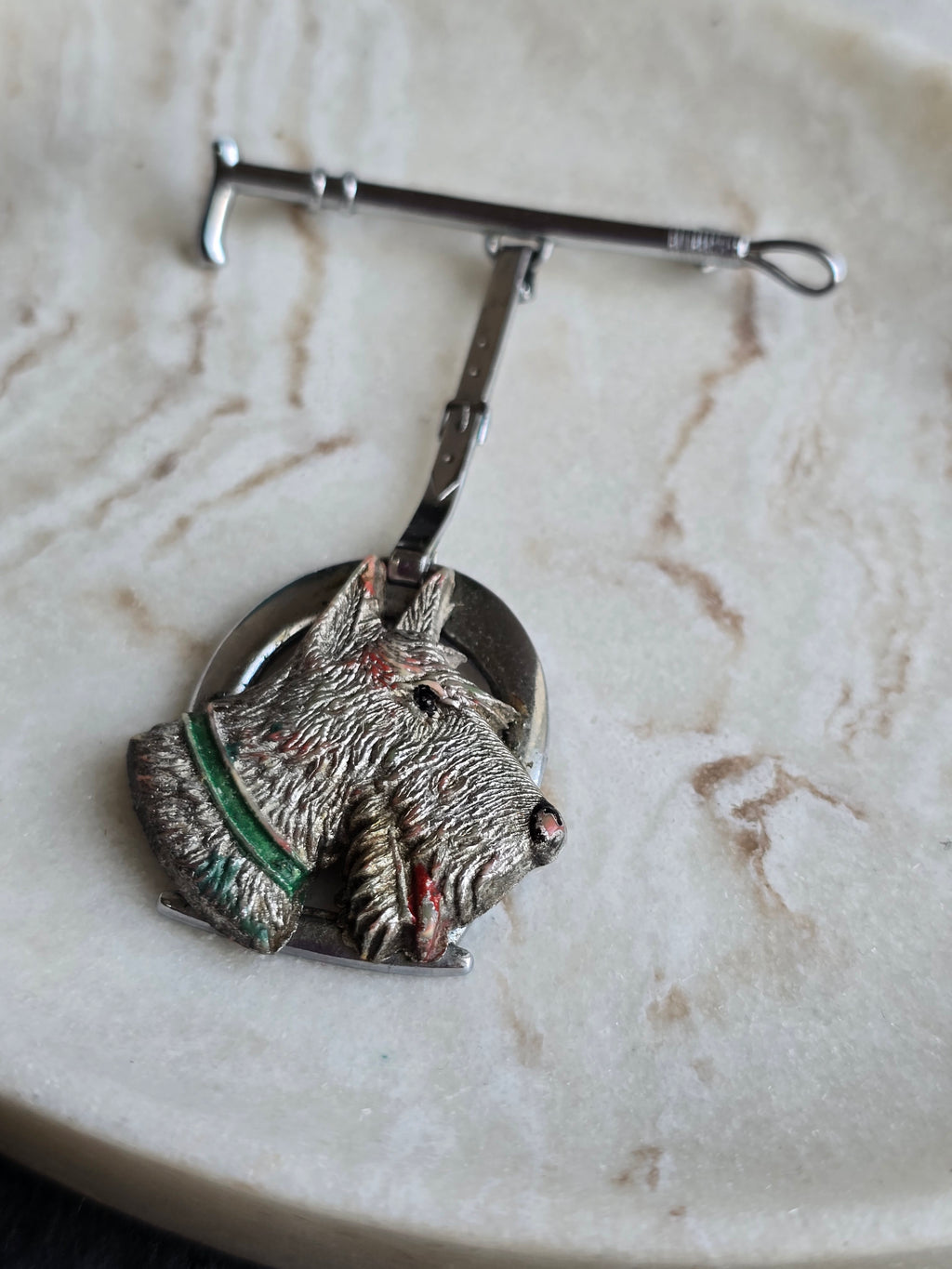 Art Deco Vintage Leash & Hanging Scotty Dog Brooch, Silver Tone, Unsigned Costume Jewellery