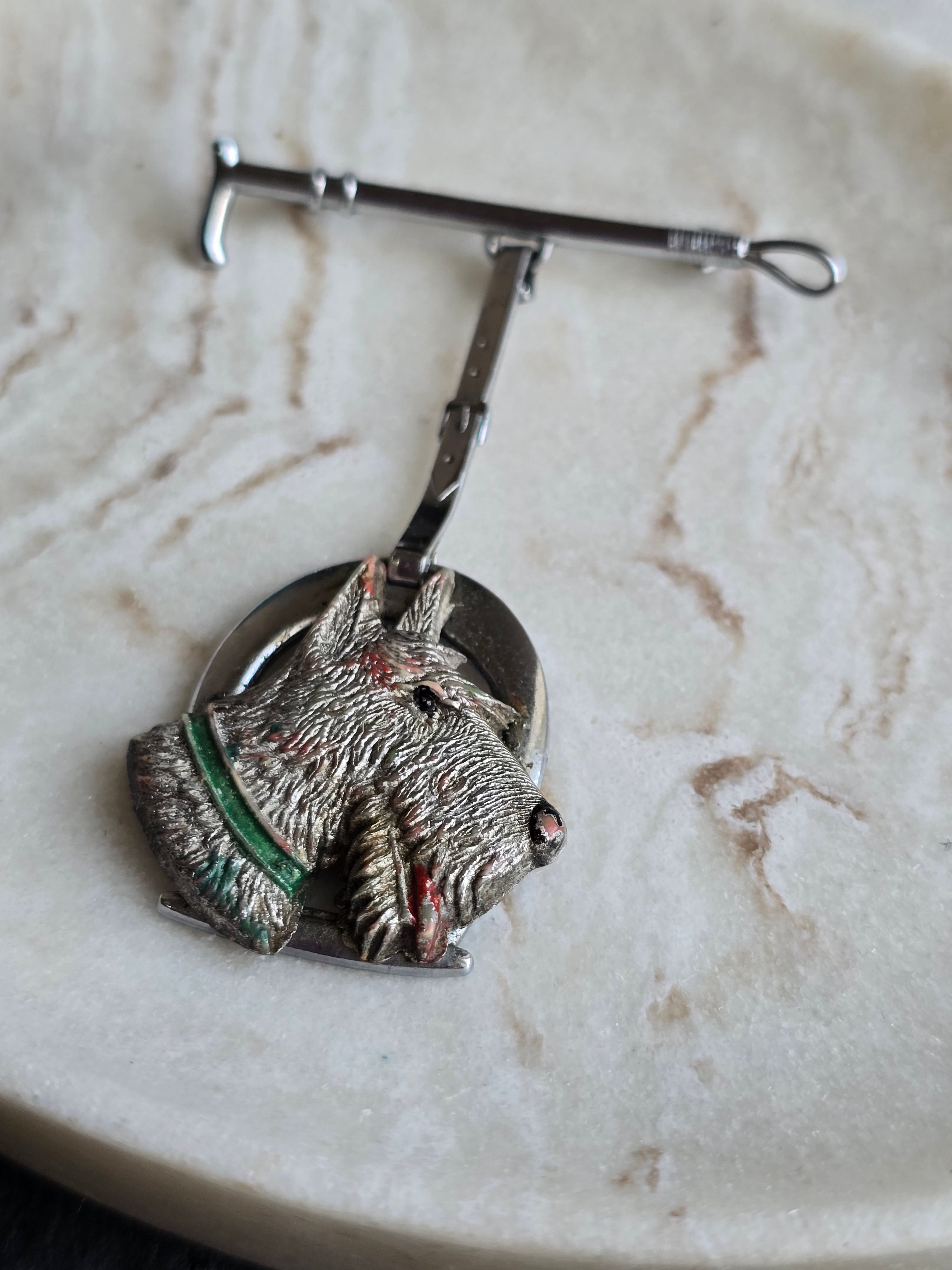 Art Deco Vintage Leash & Hanging Scotty Dog Brooch, Silver Tone, Unsigned Costume Jewellery