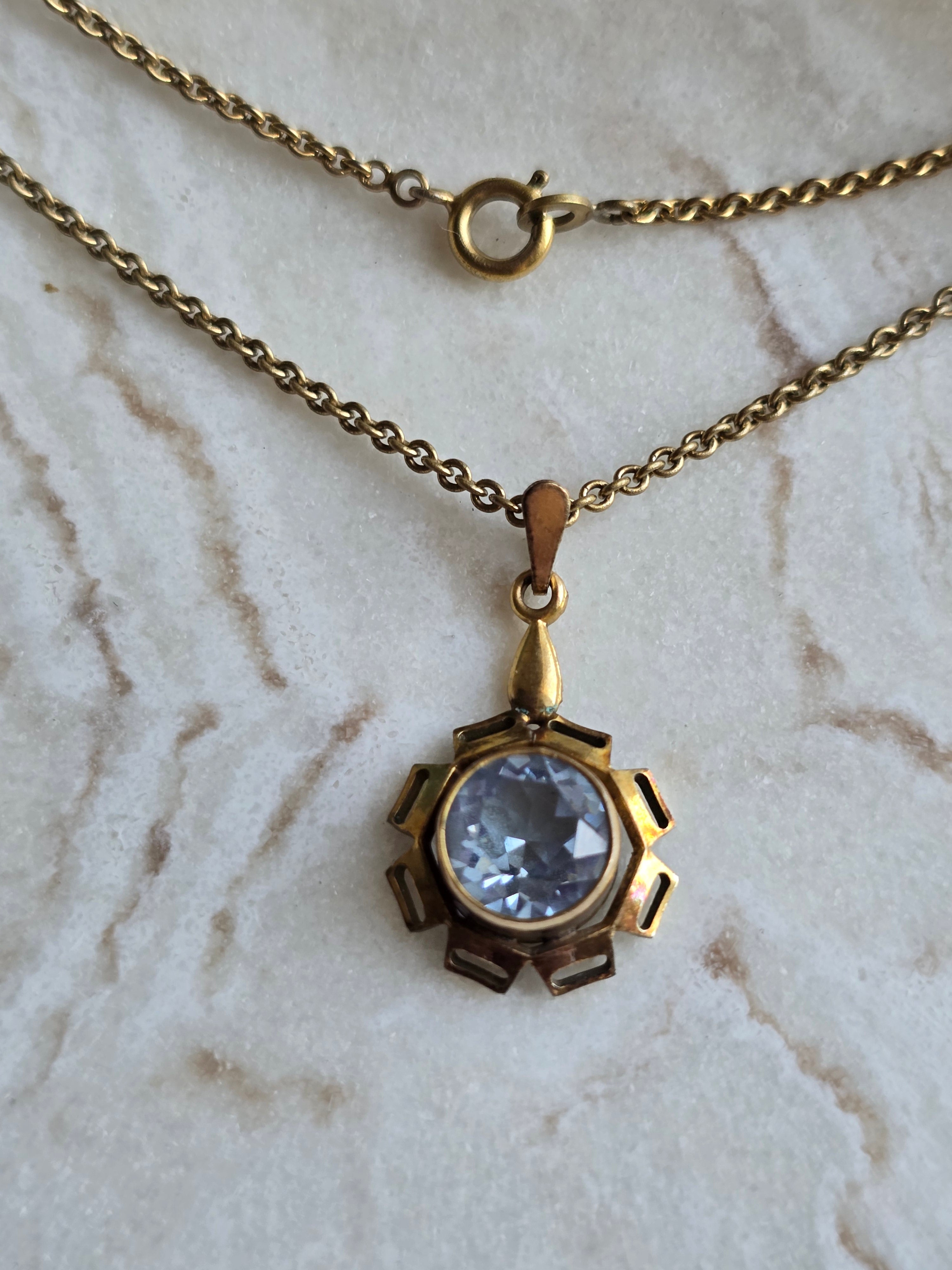 Antique Rolled Gold Blue Crystal Pendant Necklace Geometric Starburst Retro Charm