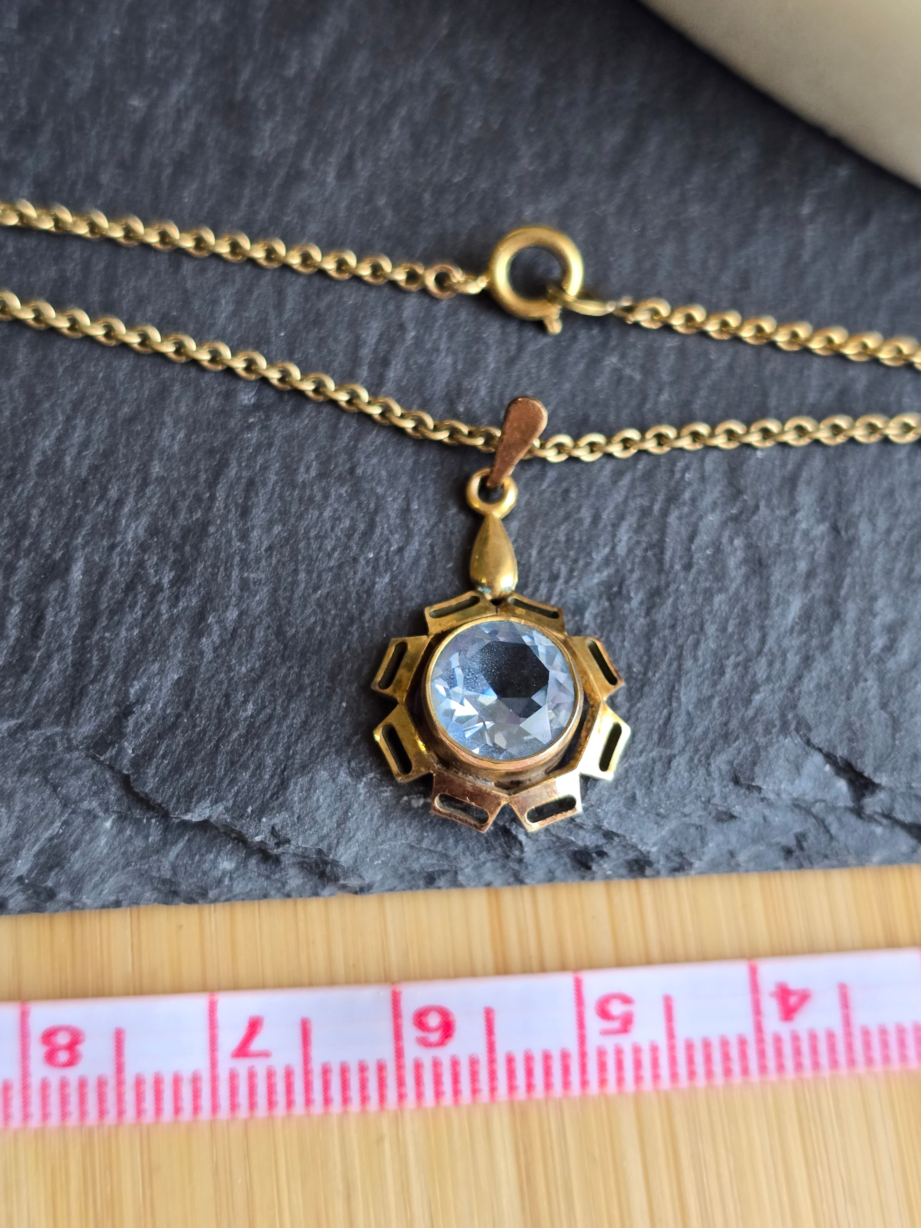 Antique Rolled Gold Blue Crystal Pendant Necklace Geometric Starburst Retro Charm