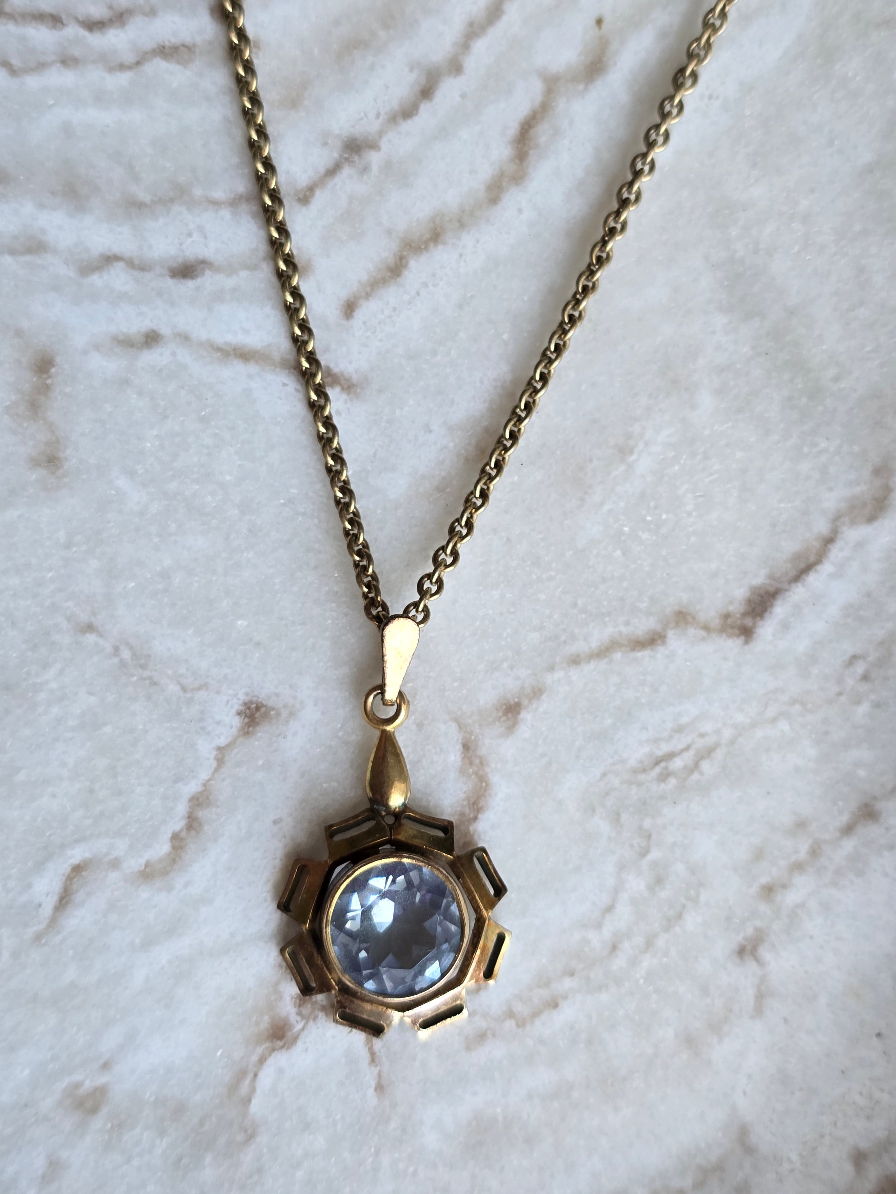 Antique Rolled Gold Blue Crystal Pendant Necklace Geometric Starburst Retro Charm