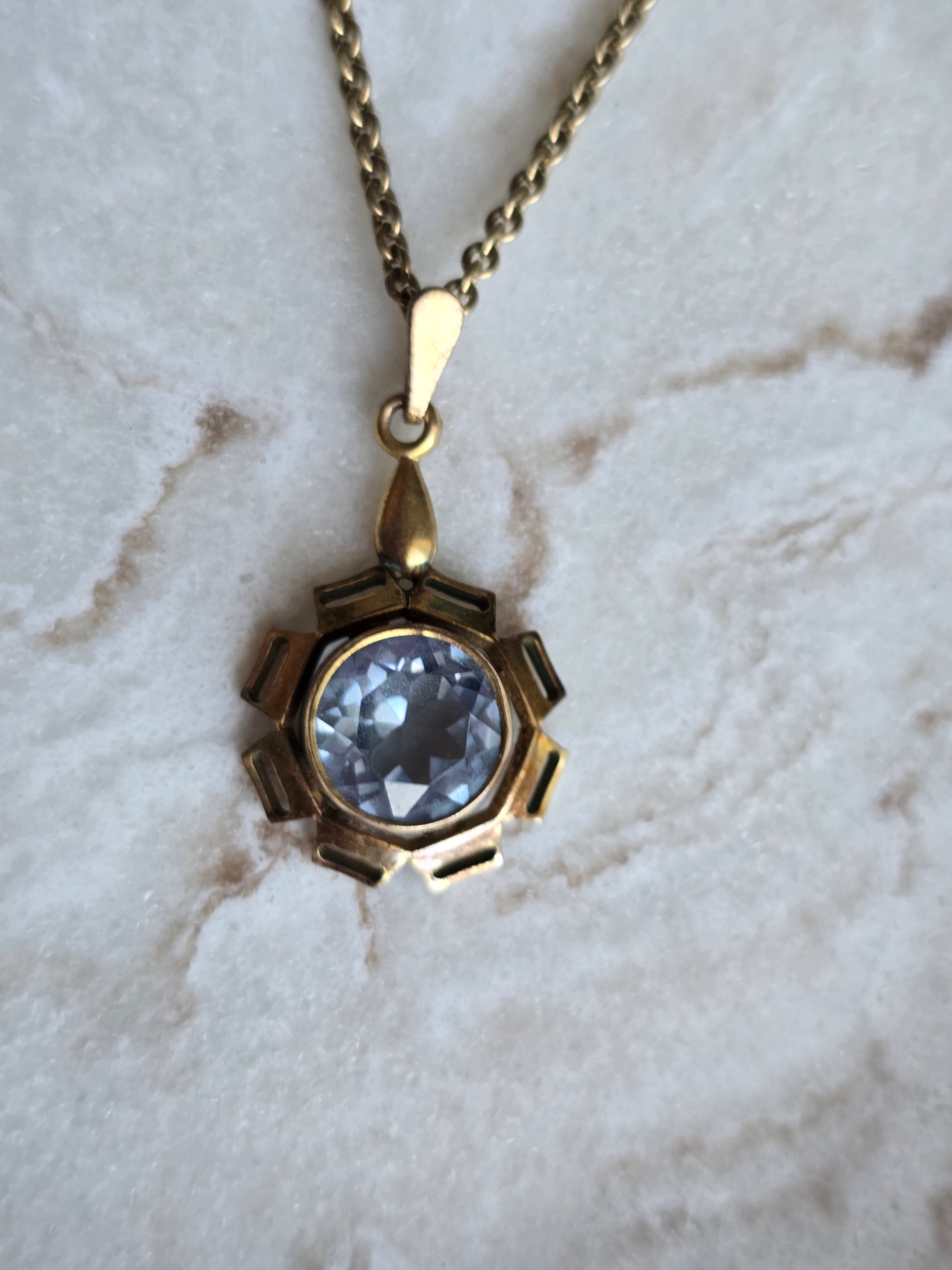 Antique Rolled Gold Blue Crystal Pendant Necklace Geometric Starburst Retro Charm