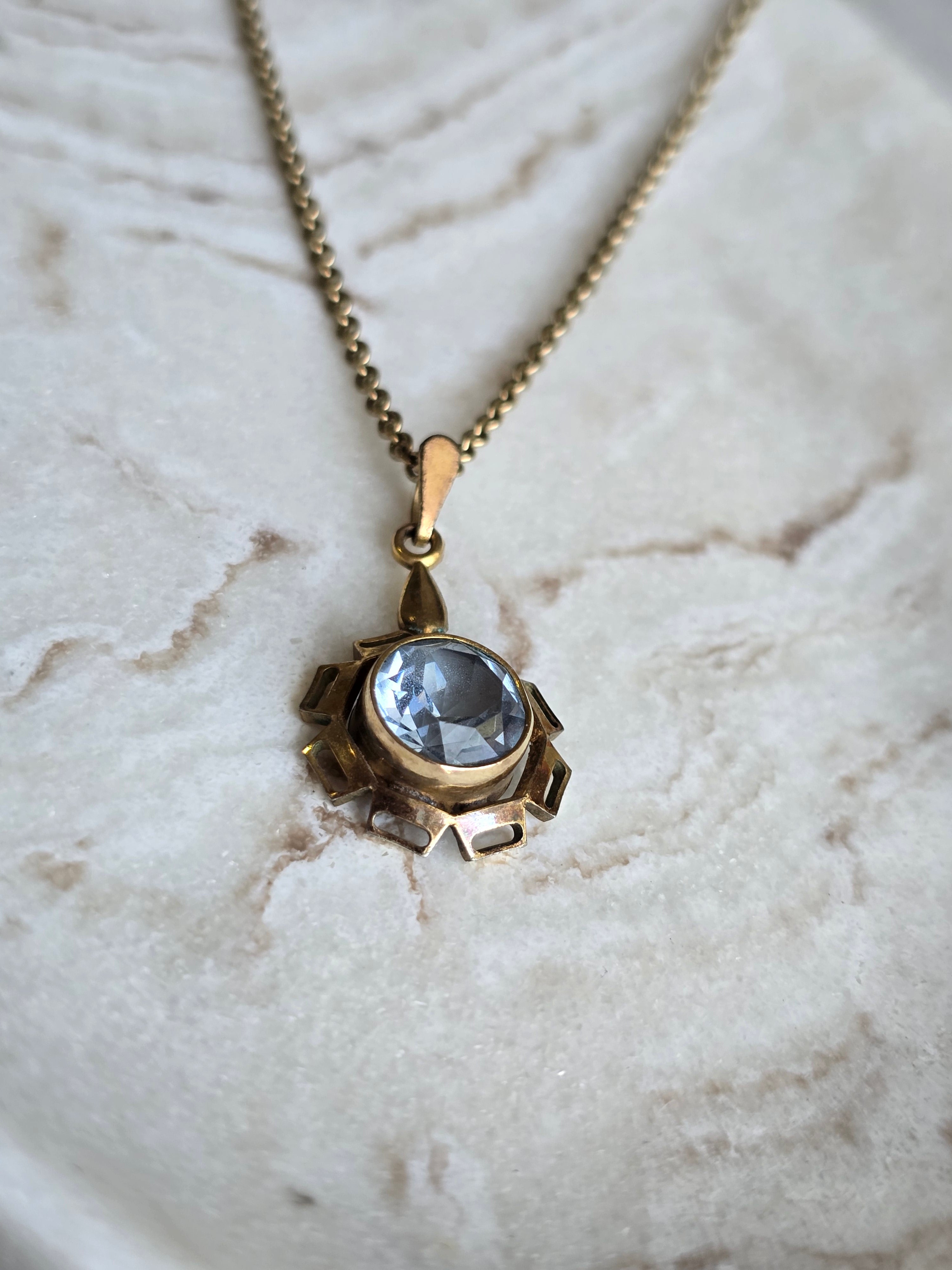 Antique Rolled Gold Blue Crystal Pendant Necklace Geometric Starburst Retro Charm