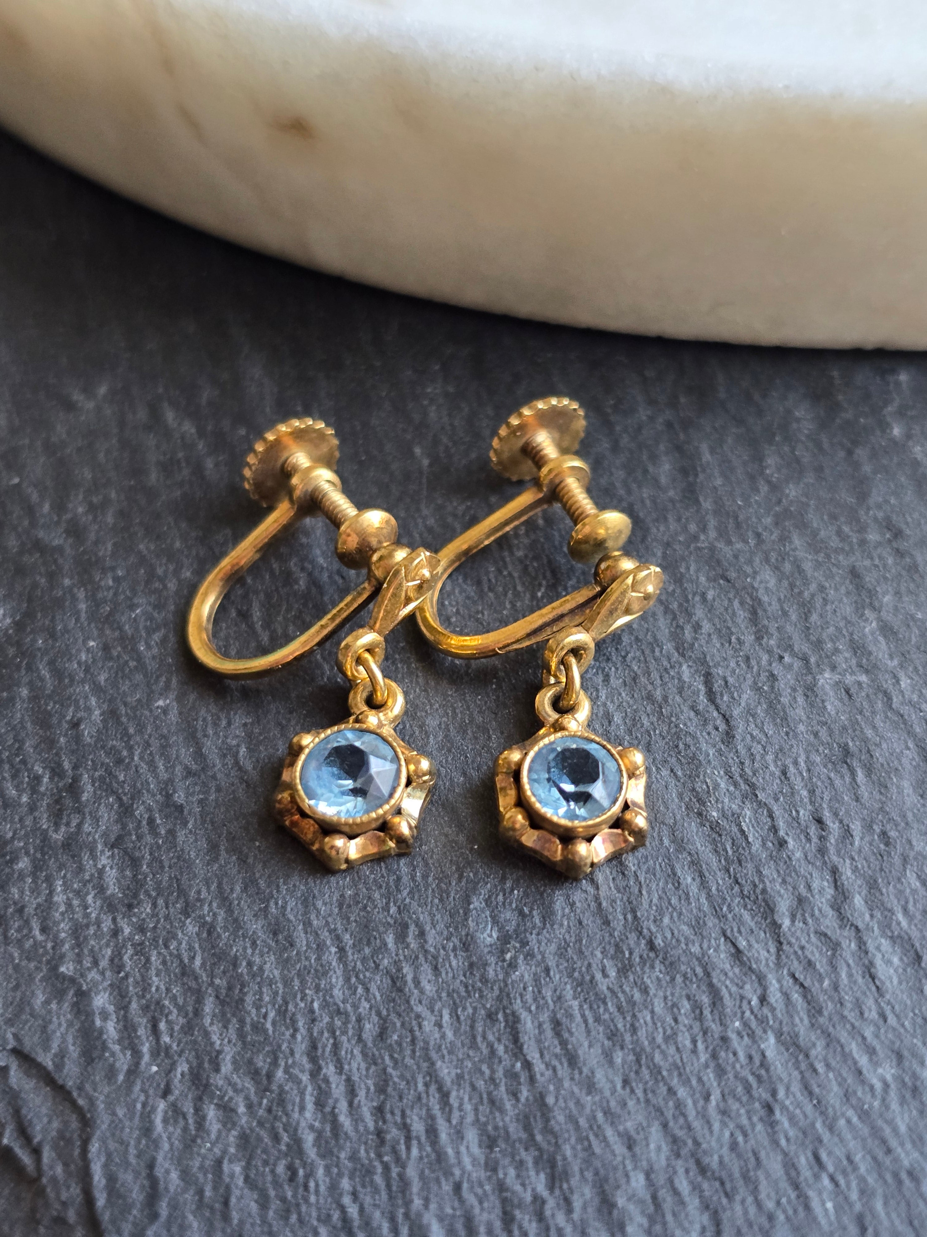 Antique Rolled Gold Delicate Floral Open Back Blue Crystal Drop Screw Back Earrings