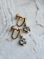 Antique Rolled Gold Delicate Floral Open Back Blue Crystal Drop Screw Back Earrings
