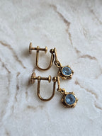 Antique Rolled Gold Delicate Floral Open Back Blue Crystal Drop Screw Back Earrings